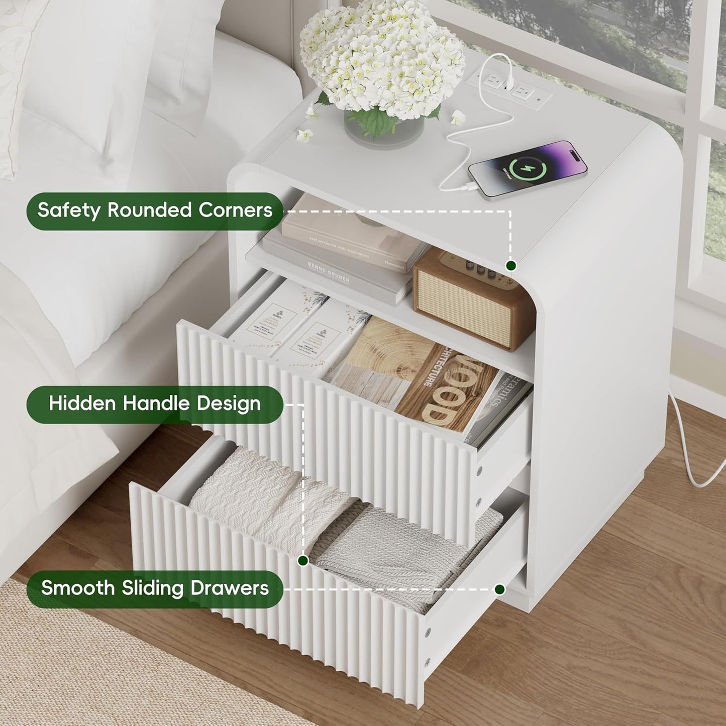 White Nightstand with Charging Station, Mid Century Modern Bedside Table & End Table, Fluted Wood Small Night Stand with 2 Hidden Drawers and Storage Shelf for Bedroom