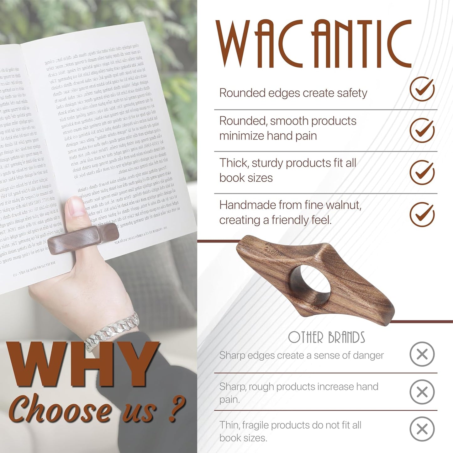 Walnut Book Page Holder, Smooth Finish Wood Book Holder for Reading, Ideal Book Reader Gifts & Reading Accessories,Book Worm Gifts for Women, Thumb Book Page Holder (Large-N)