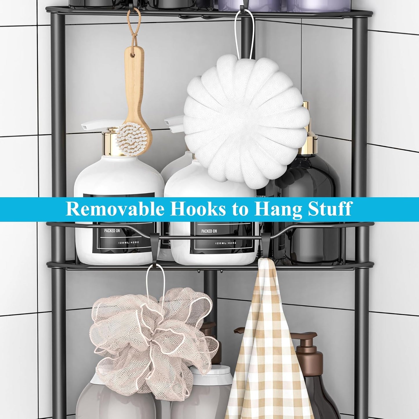 3 Tier Floor Standing Corner Shower Caddy Organizer Shelf with Hooks, Bathroom Shelves Stand Rack, Matt Black