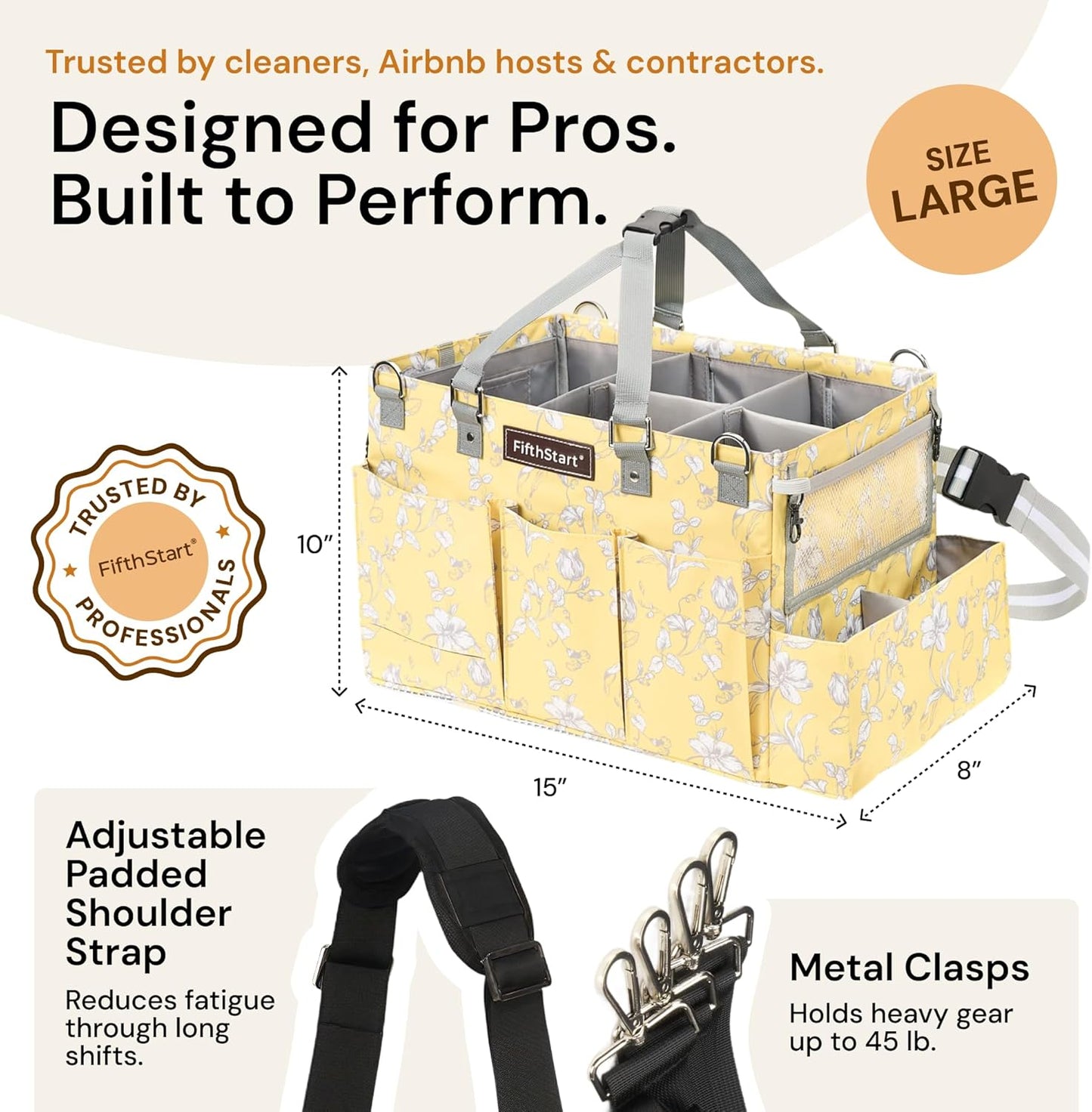 FifthStart Multi-Purpose Cleaning Caddy with Waist, Shoulder Strap, Mesh Base & 9 Pockets – Easy to Clean Diaper Caddy with Adjustable Compartments (Yellow Floral, X-Large)