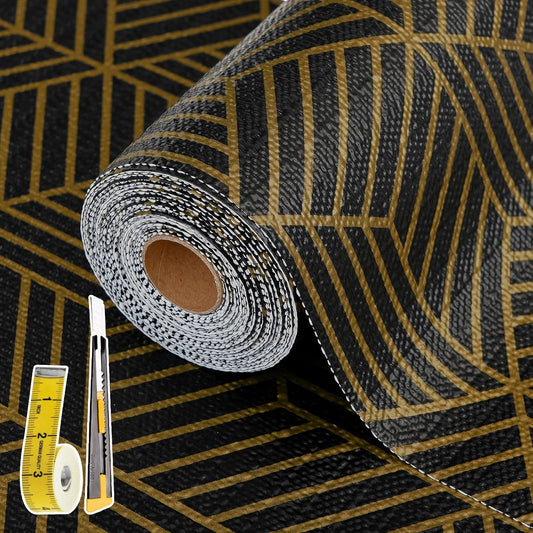 Shelf Liners for Kitchen Cabinets 12in x 30FT, Non Adhesive Cabinet Liner Strong Non-Slip Black Gold Geometric Drawer Liner, Easy to Clean for Shelf, Cabinet with Knife and Tape Measure