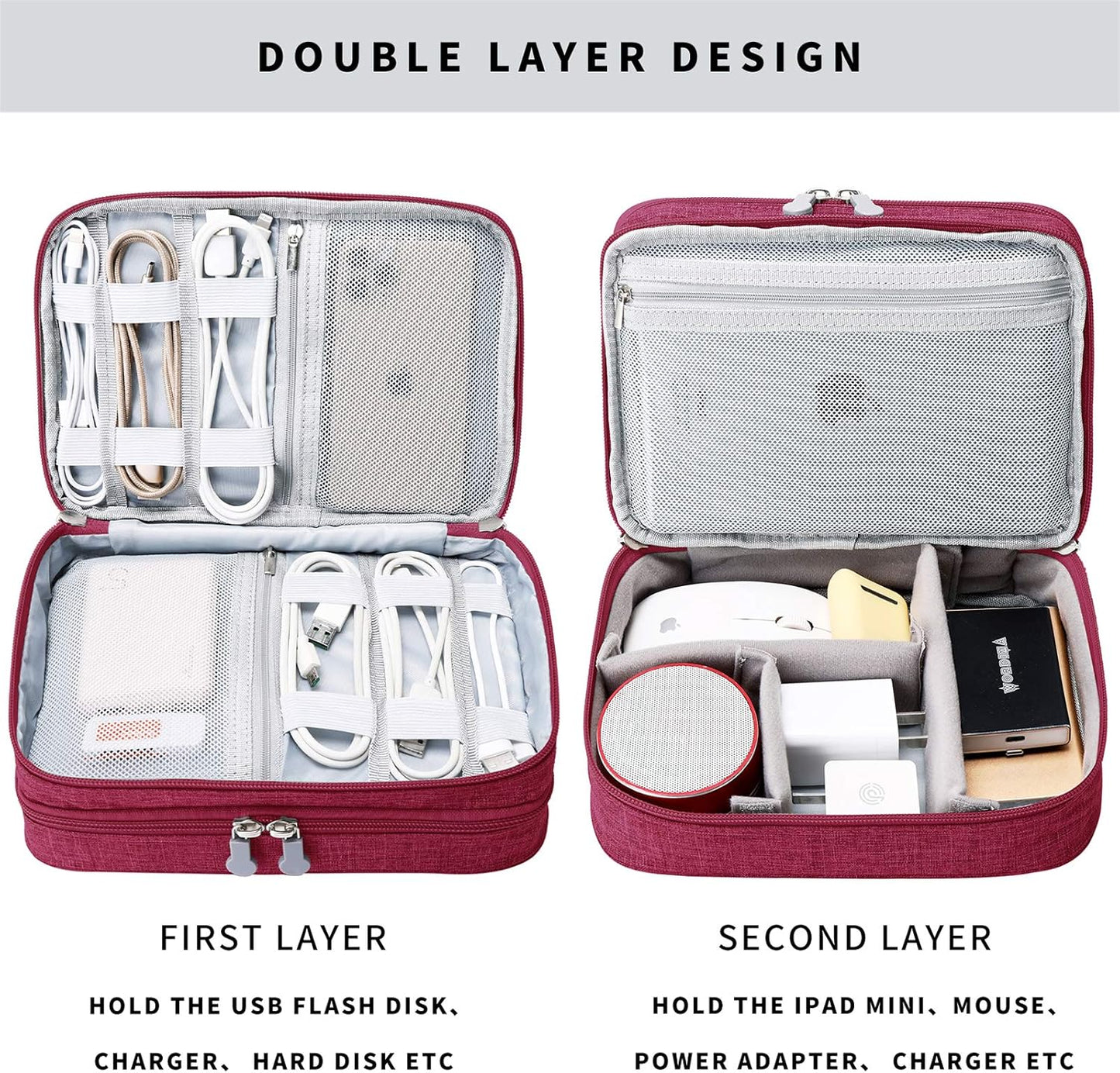 mygreen Travel Cable Organizer Bag, Two-Layer Electronics Accessories Organizer Bag for Cables, Chargers, Power Bank, Mouse,iPad, Phone, Kindle, SD Card, Wires, Cords, and Accessories Red