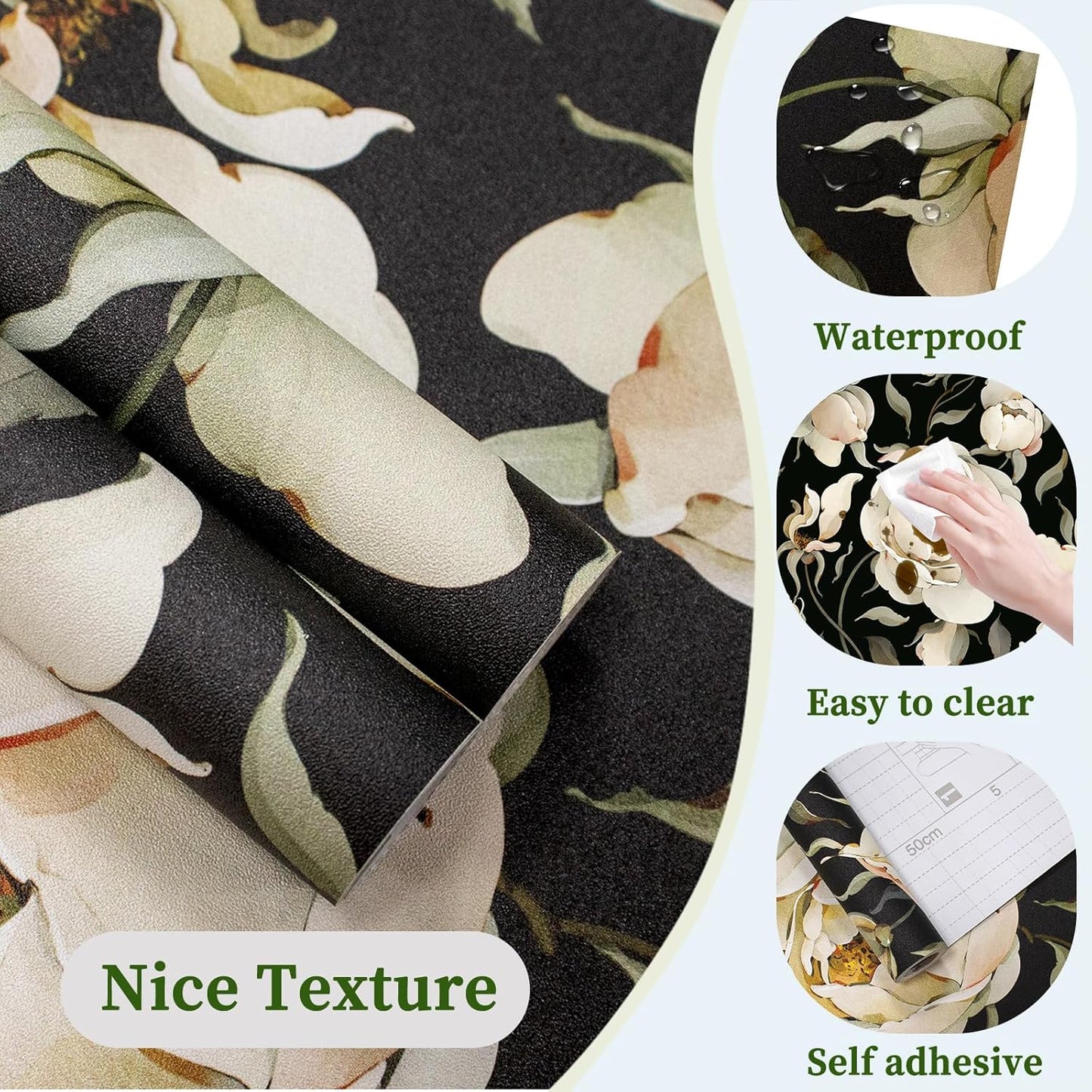 HAOKHOME Shelf Liner and Cabinet Liner Floral Peony, Self-Adhesive Drawer Liners, Peel and Stick Contact Paper for Kitchen Cupboard, Non Slip Bathroom Drawers, Black Cream 17.7in x 6.5ft