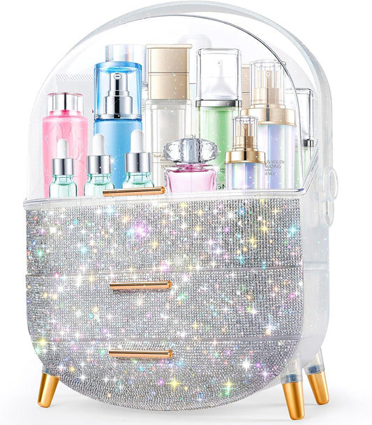 Teen Girls Gift Makeup Organizer, Skincare & Jewelry Storage, Cosmetics Display Case, Makeup Holder, Bathroom Organizer (Bling Rhinestone)