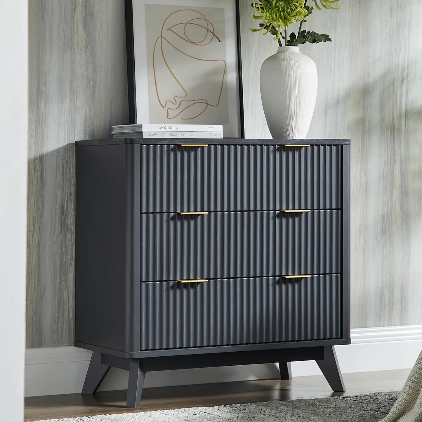T4TREAM Fluted 3 Drawers Nightstand, Oversized Extra Large Modern Side Table with Faux Marble Top, End Table Bedside for Bedroom, Living Room, Curved Profile Design, Dark Grey