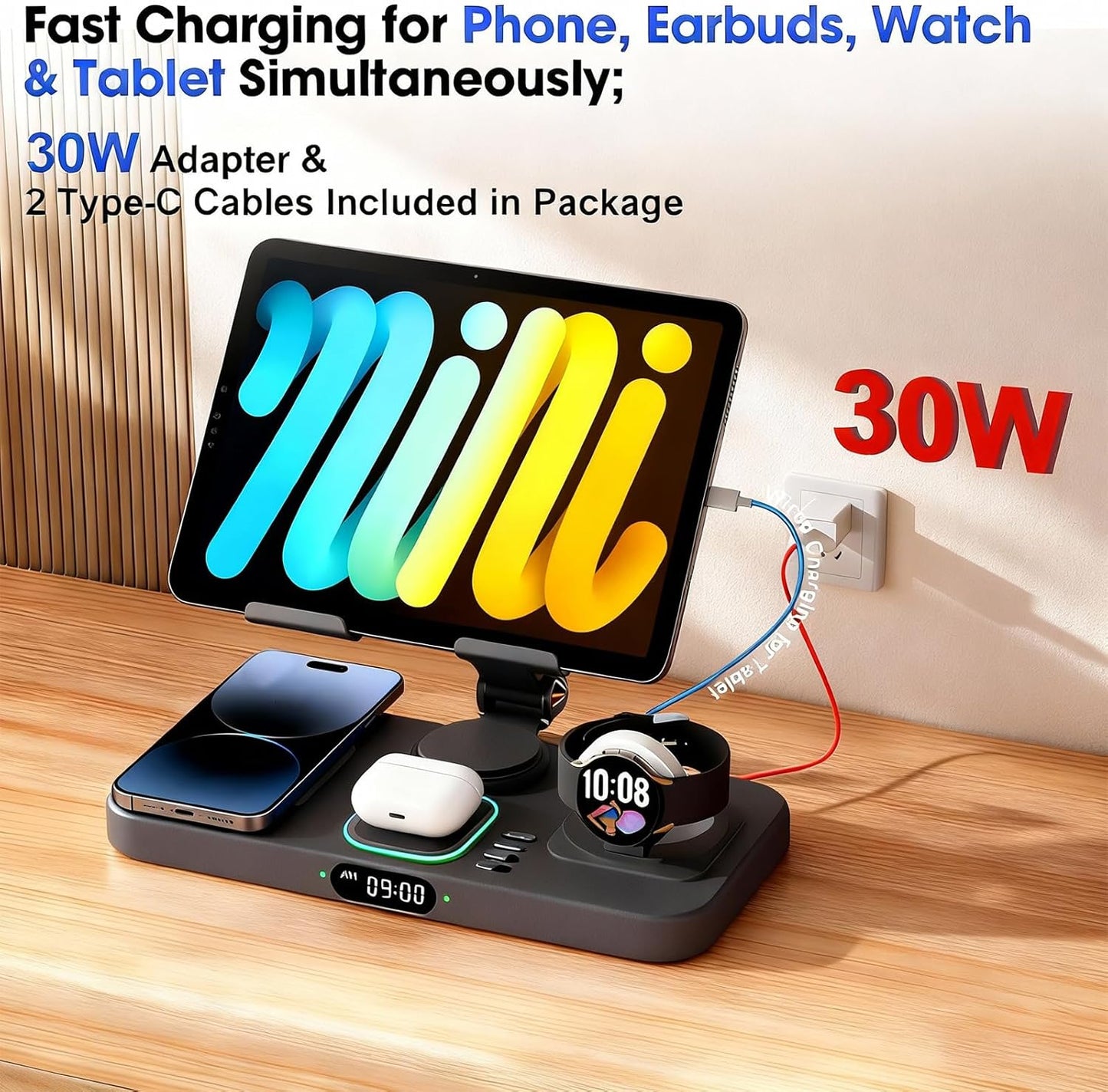 30W Charging Station for Apple Products, Foldable Wireless Charger with Clock Display&7 Color Light, Wired Charging for iPad/Tablet Charging Station for iPhone17, for Apple Watch11 for AirPods4(Black