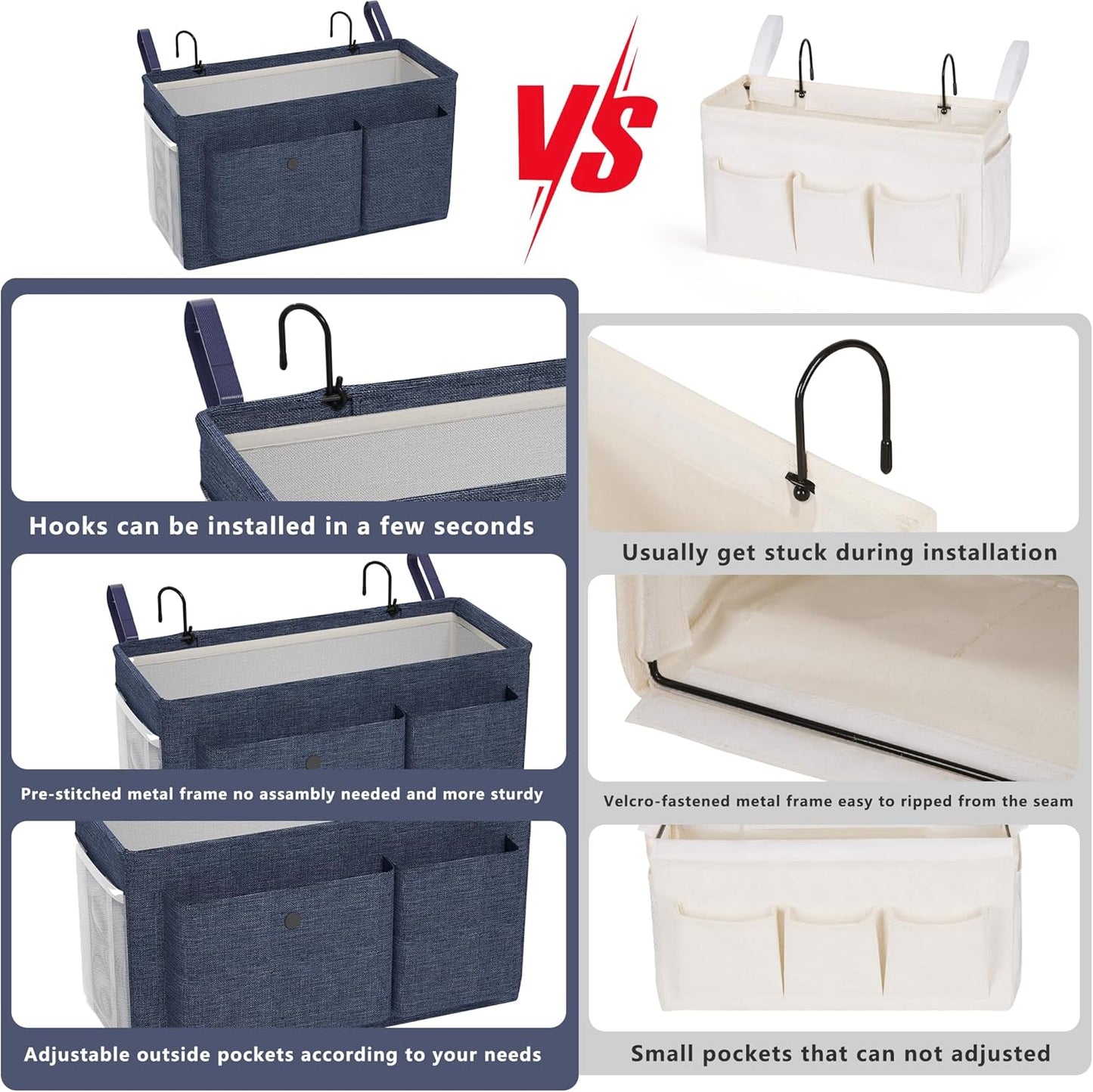 Bedside Caddy Bedside Organizer with Fixed Straps & Water Bottle Holder, Bunk Bed Caddy ideal for Home, Dorm, Hospital, Crib, Versatile Bedside Storage Solution (Navy 2pcs)