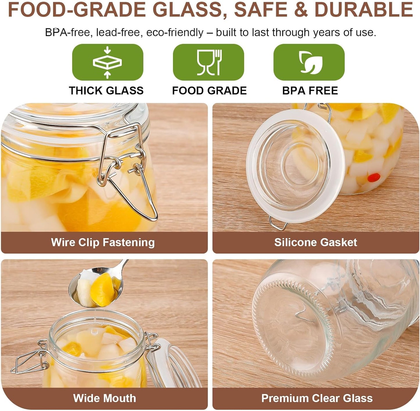 25oz Airtight Glass Jars with Lids, Set of 6 Food Storage Containers & Canisters, Clear Mason Jars with Clamp Seal for Canning, Cereal, Coffee, Pasta, Sugar, Beans & Spices