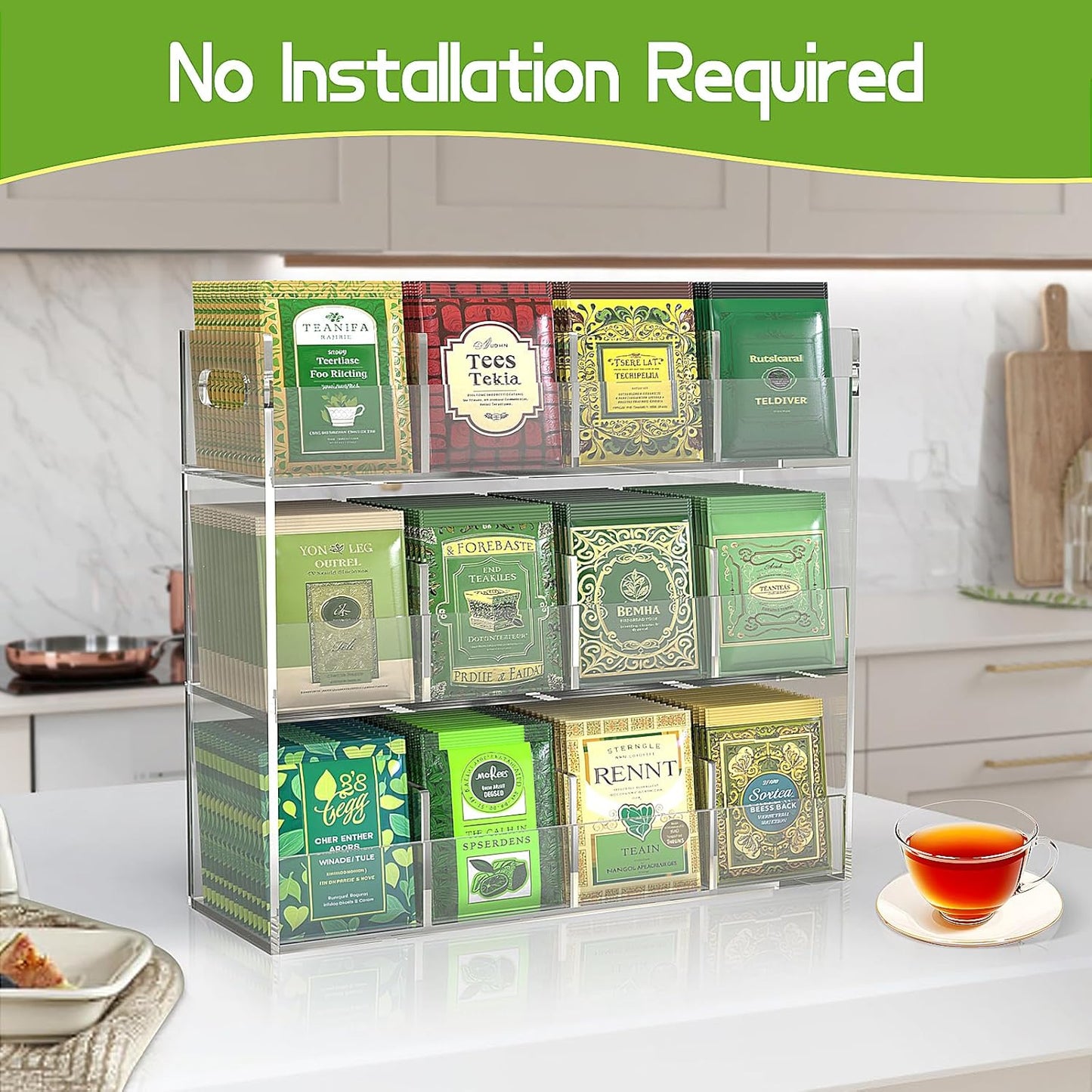 Jumyee 3-Tier Acrylic Tea Bag Organizer & Storage Box, 12 Compartment Portable Teabags Organizer for Cabinet Countertop, Coffee & Tea Station Organizer for Home Office