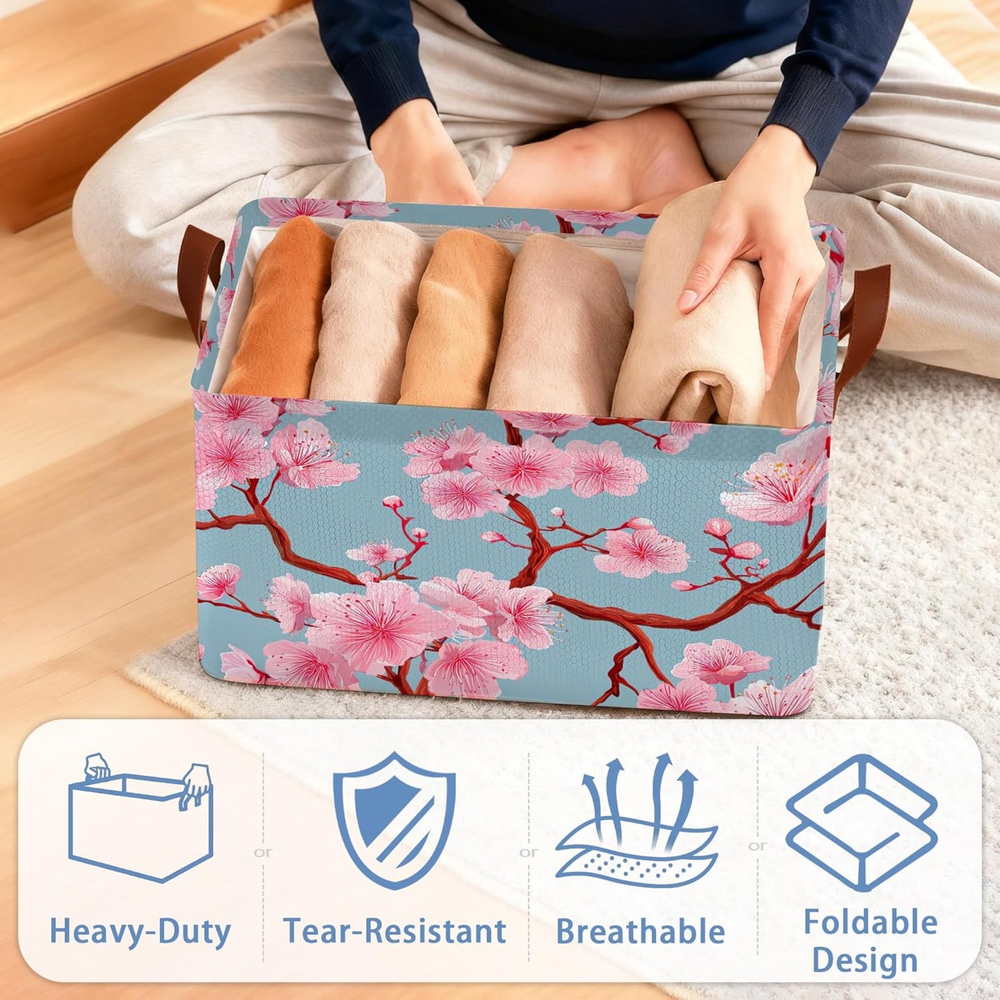 Cherry Blossoms Collapsible Storage Box,Japanese Organizer Bin with Handles for Room Decoration,Bins Book Basket Box 17x11.5x10Inch