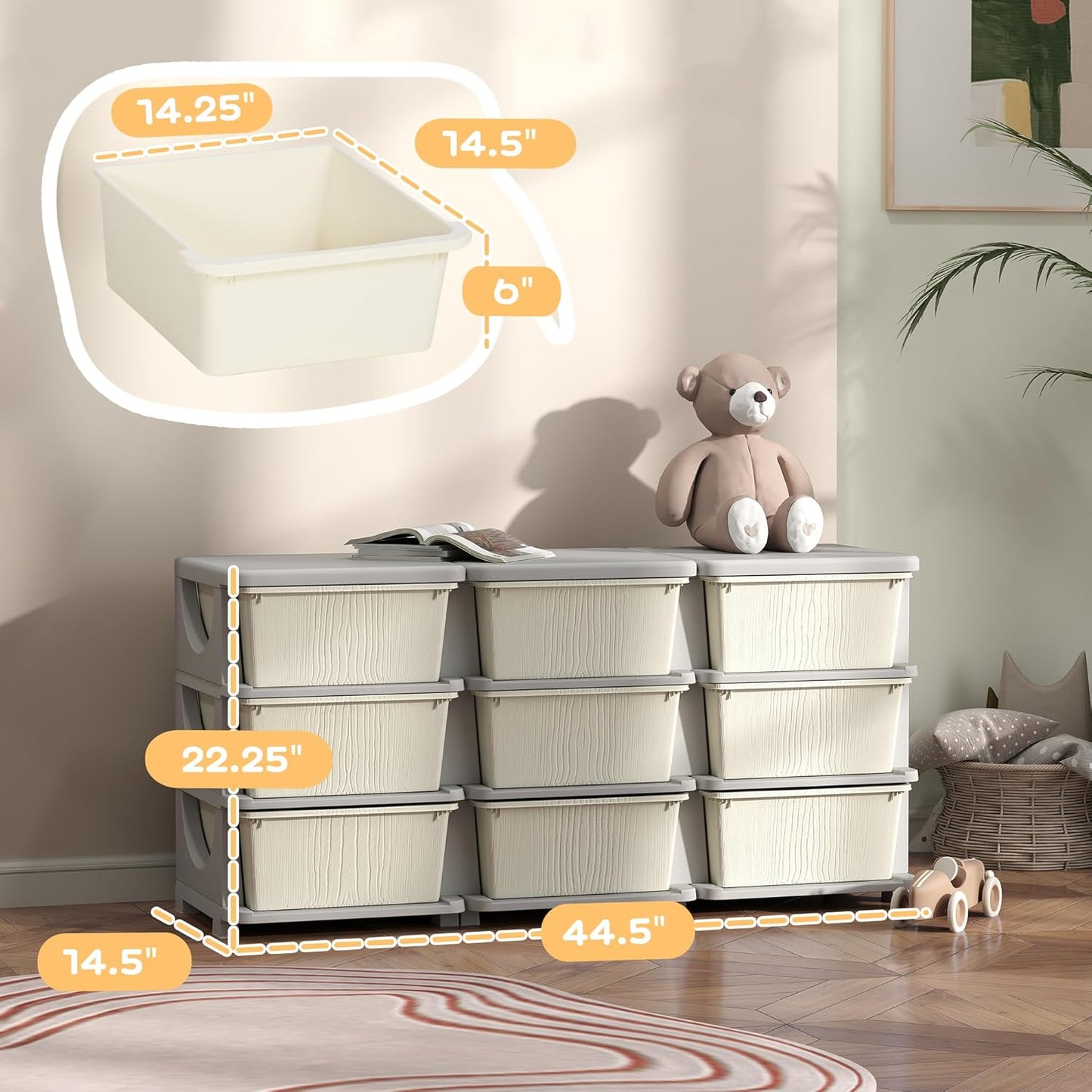 Qaba 3 Tier Kids Storage Unit, 9 Drawer Chest Toy Organizer Plastic Bins for Kids Bedroom Nursery Kindergarten Living Room for Boys Girls Toddlers, Cream White