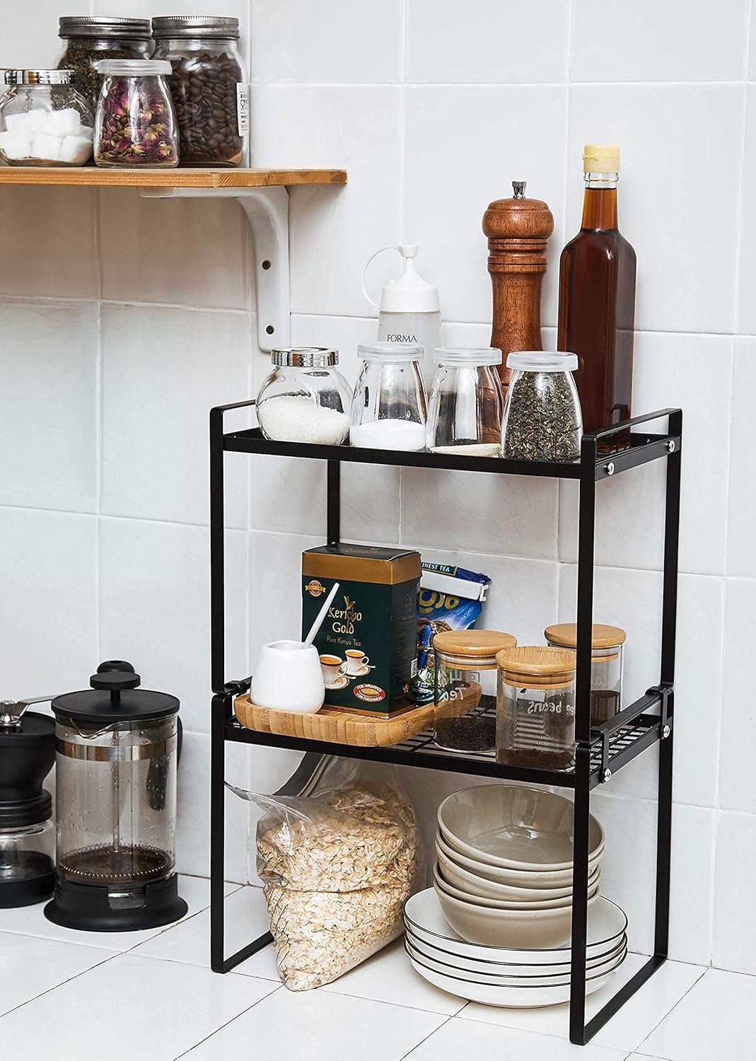 2pk Kitchen Cabinet Shelf Counter Organizer Rack Pantry Storage Bathroom Bedroom Office Table Desk Space Saving Steel Frame Stackable Rust Resistant Non Slip Black-Tall-L13in W8.3in H9.5in