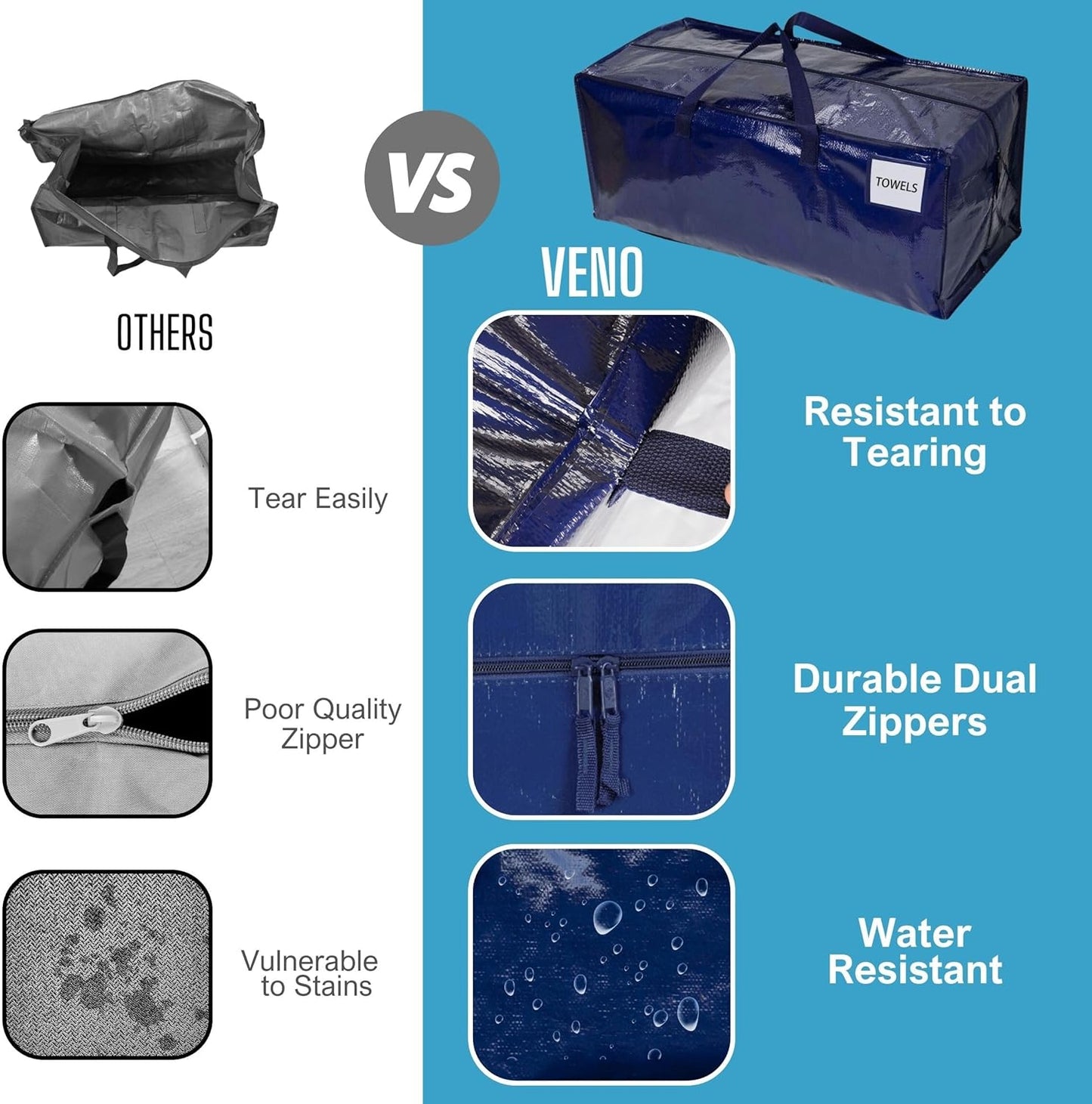 VENO 10 Pack Moving Bags w/Backpack Straps, Heavy Duty, Moving Boxes Alternative, Packing Supplies, Large Storage Totes for Dorm Room Essentials with Zipper for Clothes (Blue, 10 Pack)