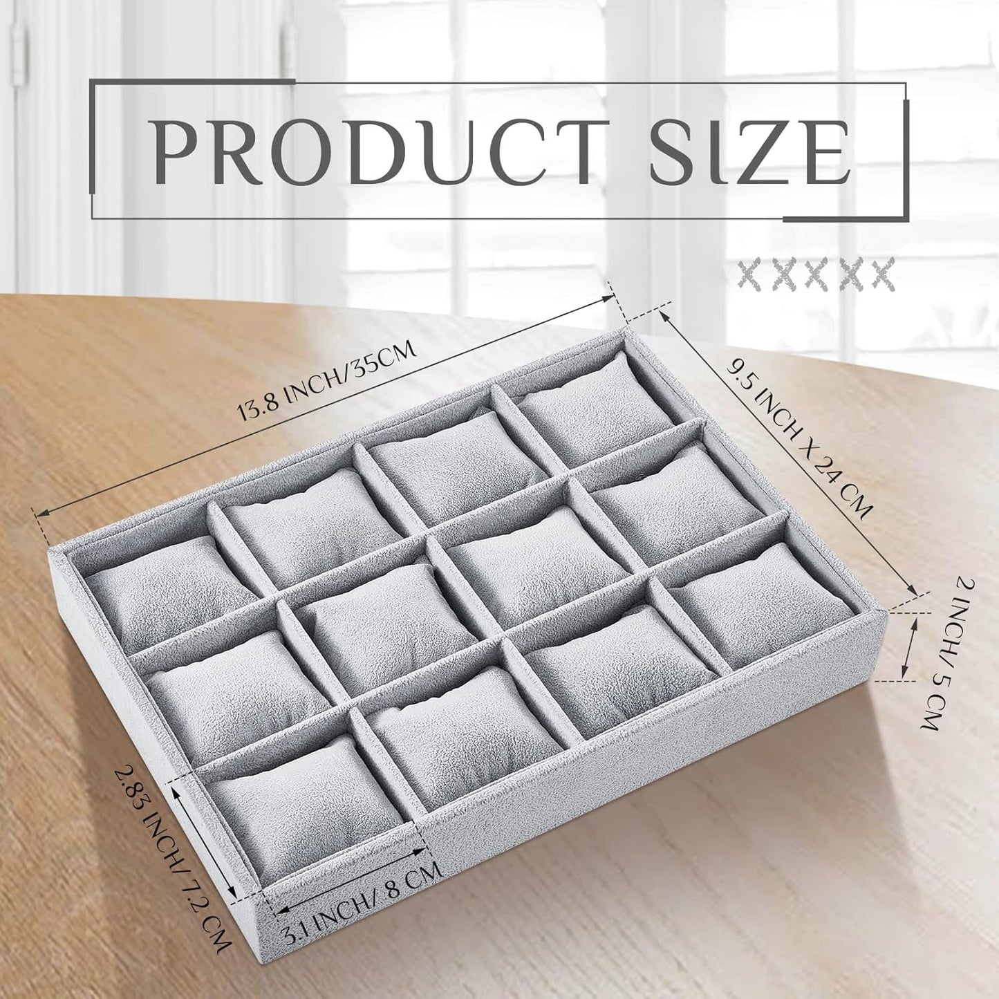 Henoyso 2 Pieces 12 Grid Velvet Watch Tray Jewelry Organizer Stackable Watch Bracelet Bangle Display Holder Adjustable Pillow (Gray)