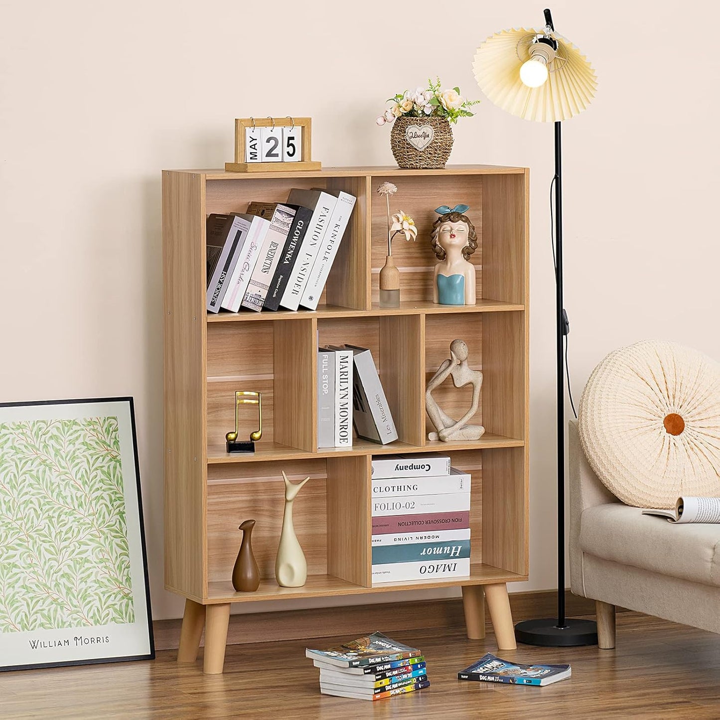 LEYAOYAO Wooden 7 Cube Book Shelf, Natural 3 Tier Bookshelf with Legs, Modern Open Storage Organizer,Boho Bookcase,Display Cabinet Shelf Free Standing Bookshelves for Bedroom,Living Room,Office