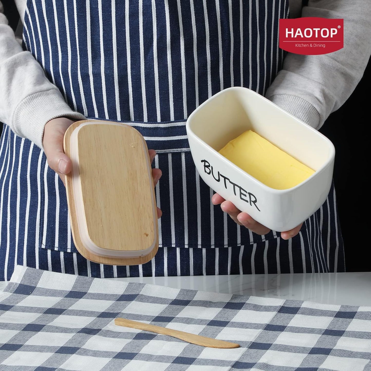 HAOTOP Large Porcelain Butter Dish with Lid Perfect for 4 Stick of Butter (White)