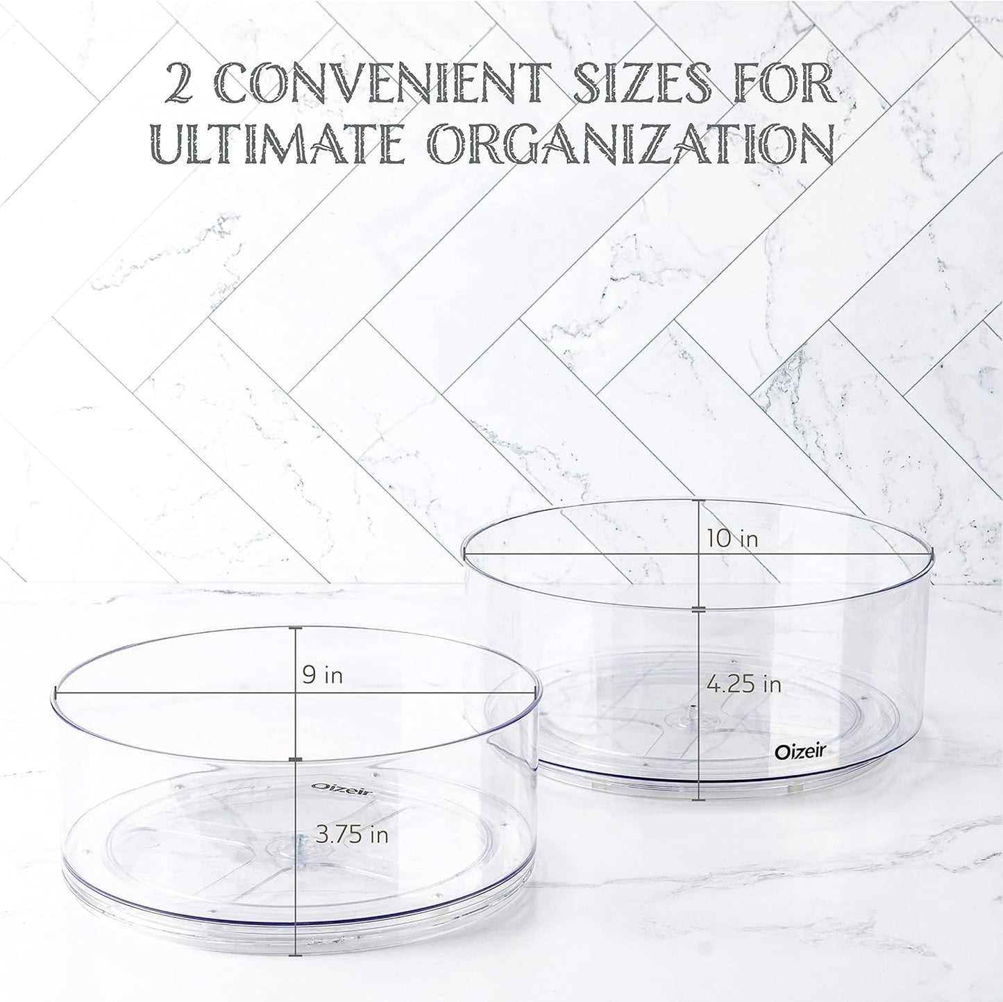 Oizeir Lazy Susan Turntable (2-Pack) - Clear Acrylic, Rotates 360 Degrees, Easily Organize Your Fridge, Cabinet or Counter - Carousel Storage for Food, Spices, Cosmetics