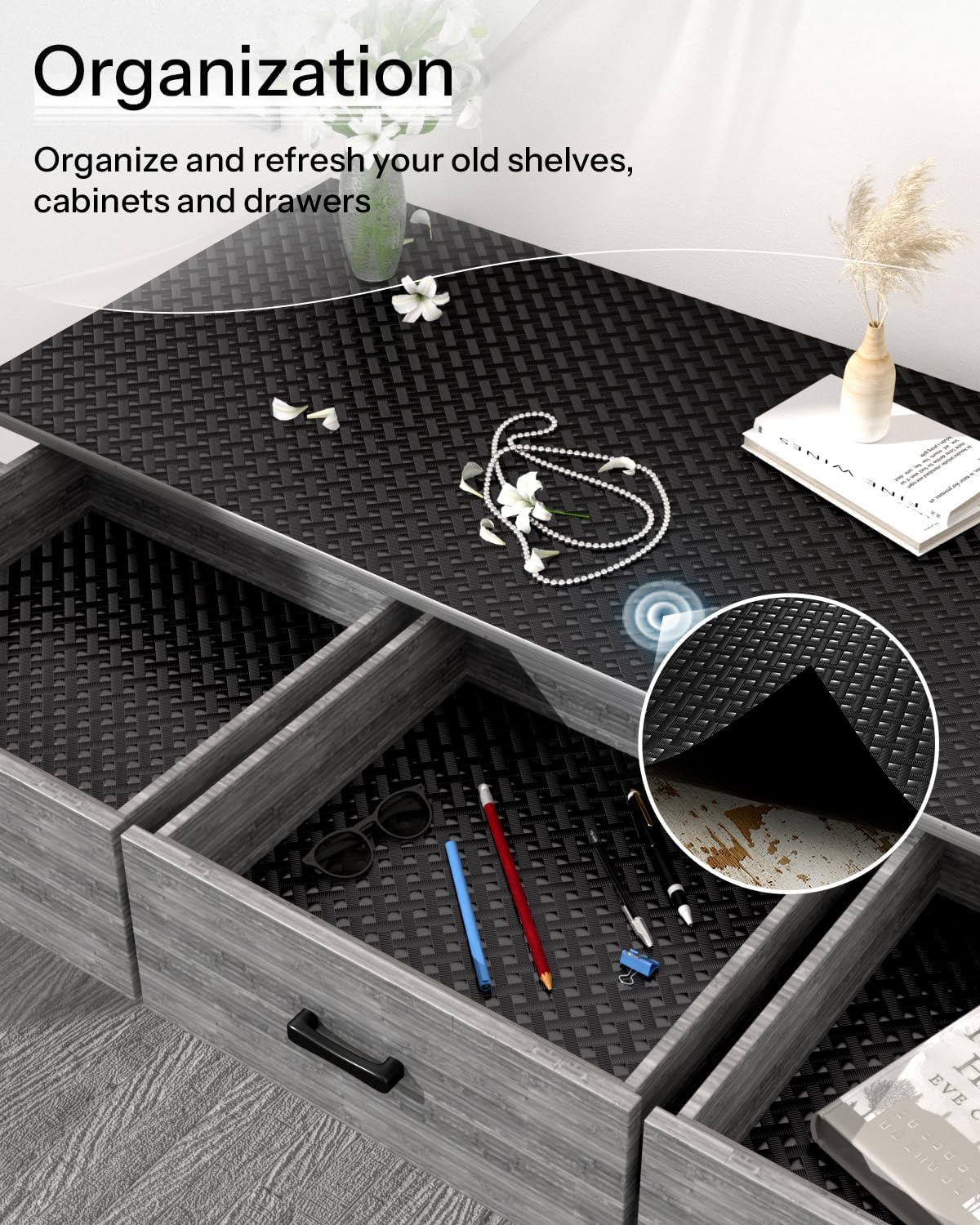 Shelf and Drawer Liner for Kitchen Cabinet, Non-Adhesive 24in x 360in Waterproof Contact Paper Refrigerator Liners Thickened Durable EVA Material Non Slip Mat for Dresser Cupboard Pantry Protector
