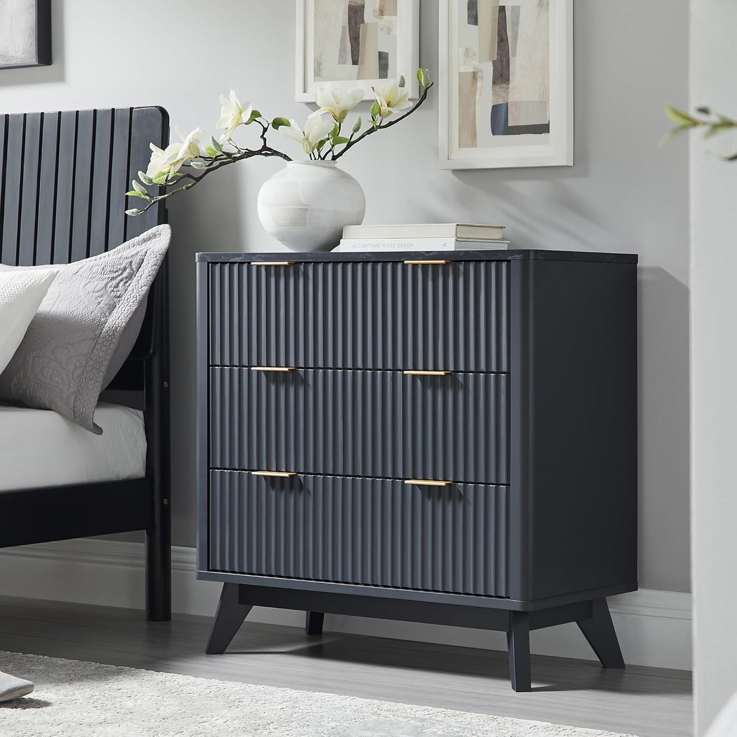 T4TREAM Fluted 3 Drawers Nightstand, Oversized Extra Large Modern Side Table with Faux Marble Top, End Table Bedside for Bedroom, Living Room, Curved Profile Design, Dark Grey
