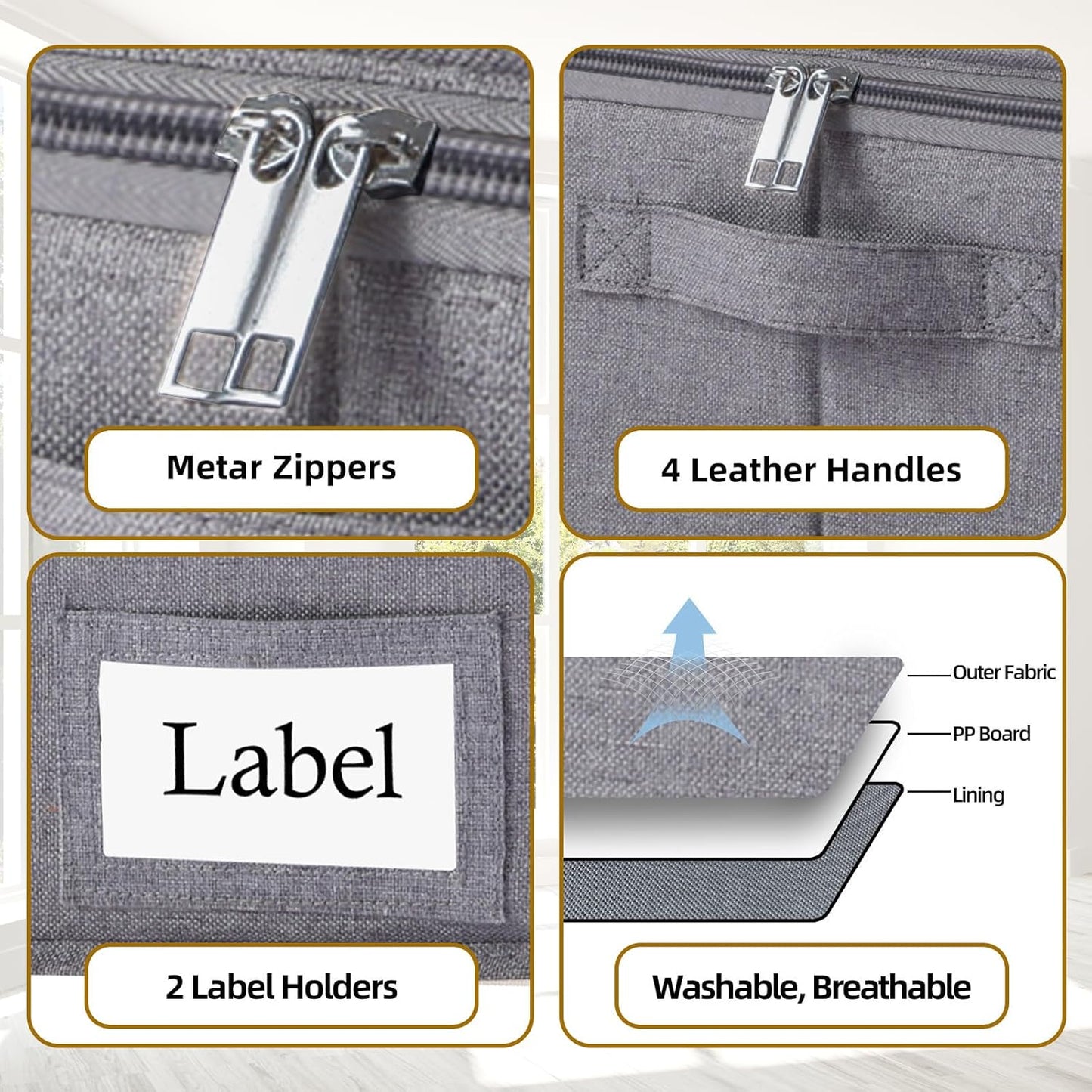 Yawinhe Underbed Bags, Storage Containers Bags with Lid, Foldable Blanket Bins, with Sturdy Zipper und Label Holders, for Clothing, 23.6''Lx11.8''Wx6''H, 4 Pack, Grey