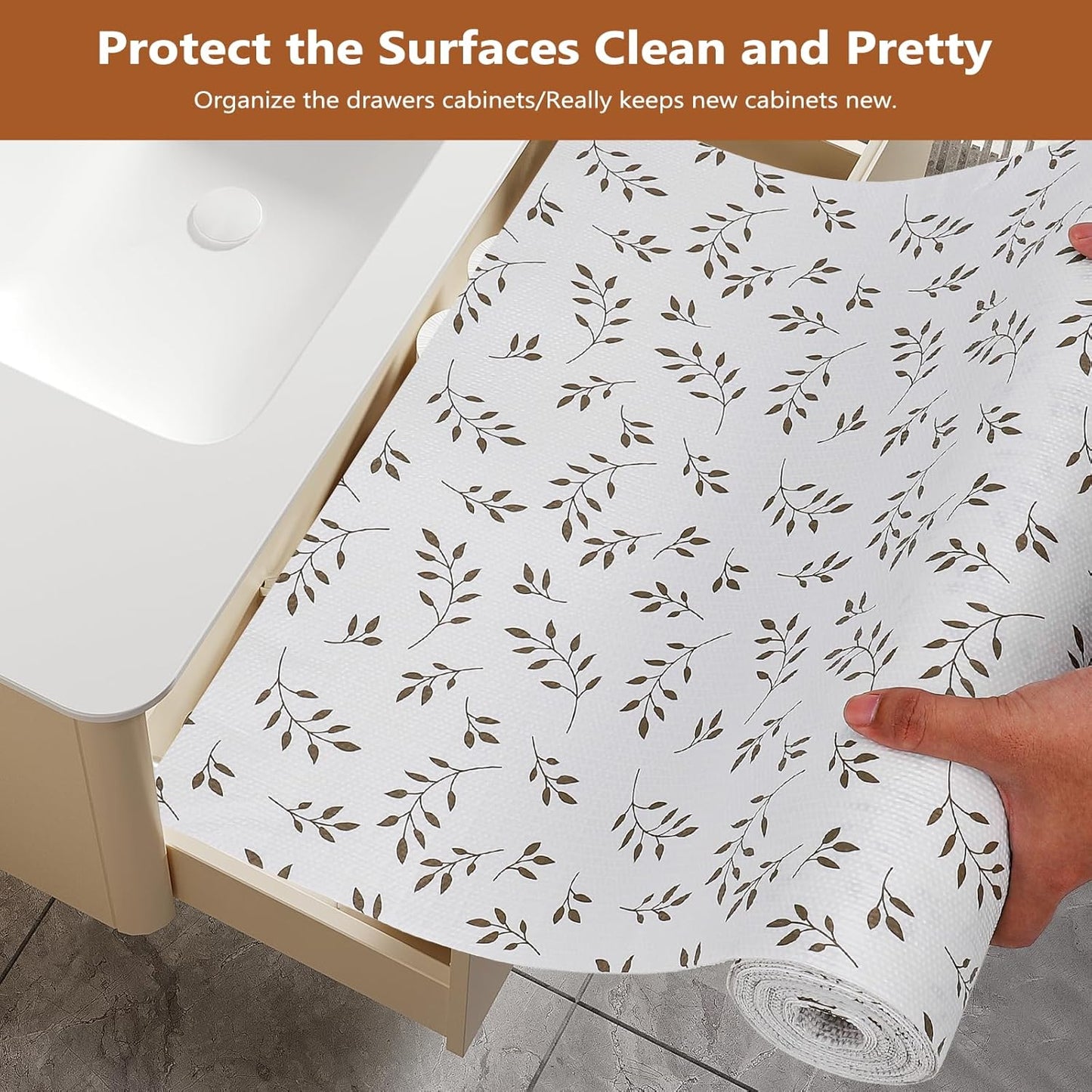 Drawer and Shelf Liner for Kitchen Cabinets, Non-Adhesive Strong Grip Thickened Cabinet Liners for Shelves, Non-Slip Mats Shelving Paper Protect Cupboard, Dresser, Pantry | Leaves, 23.6" x 20FT