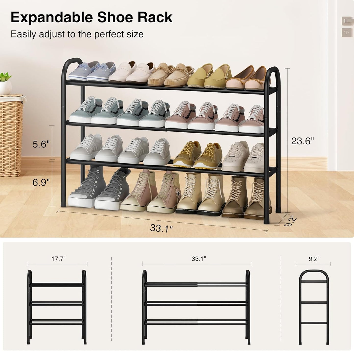 STO STO Expandable Shoe Rack, 3-Tier Metal Small Shoe Rack for Closet, Up to 16 Pairs Adjustable Shoe Racks Storage for Front Door Entrance, Free Standing Shoe Rack Organizer for Entryway, Black