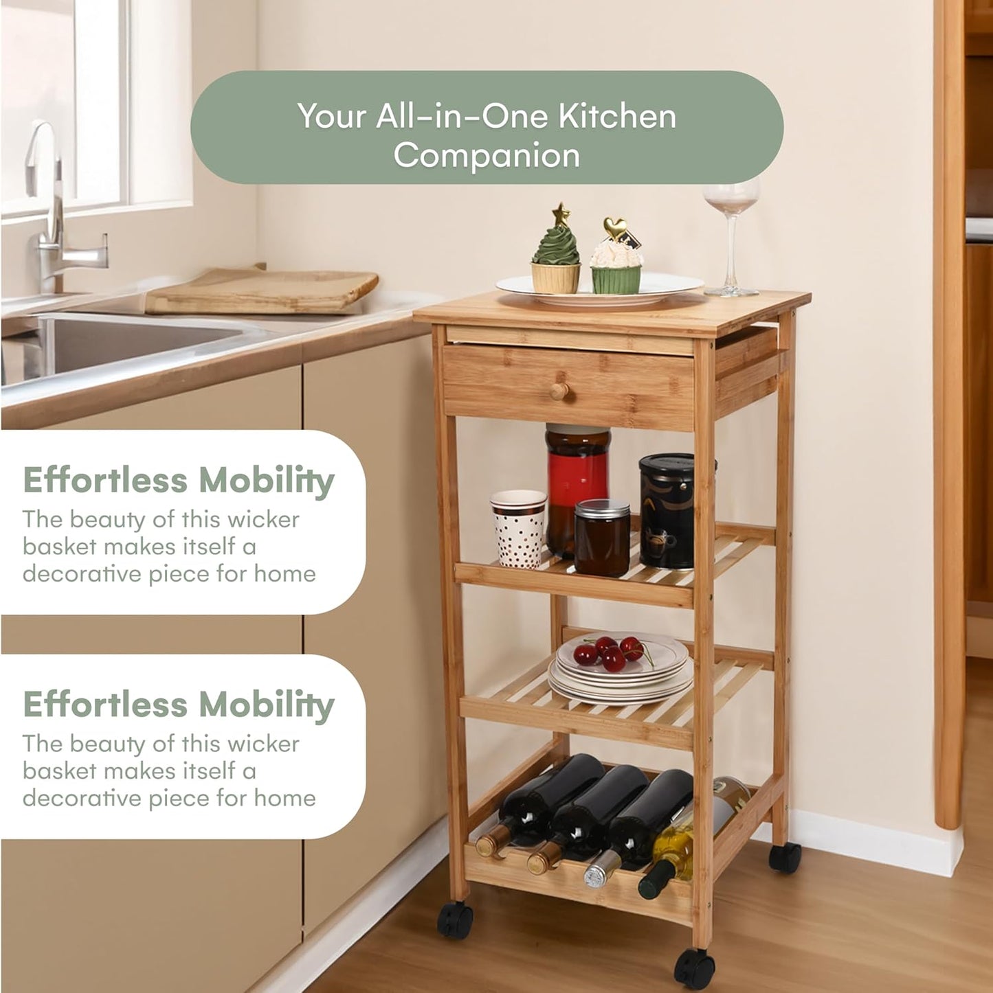 Hallops Kitchen Cart with Drawer and Basket - Brown Kitchen Cart Island for Small Spaces - Extra Counter Space or Spice Rack - Portable Dining Table with Wheels - Elegant Solid Wood Top, Spice Drawer