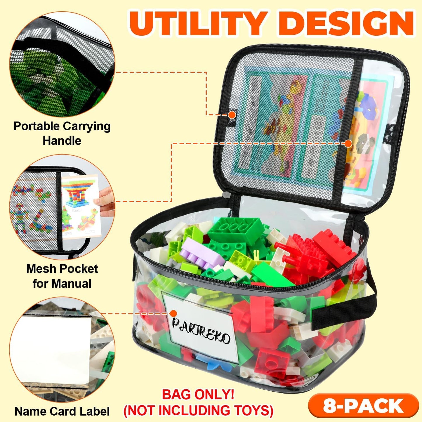 8 Pack Clear Toy Storage Bag with Name Tag& Manual Pocket, Wide-open Transparent PVC Toy Organizer Case with Portable Handle for Lego Bricks, Building Blocks, Board Games& Puzzles (Black)
