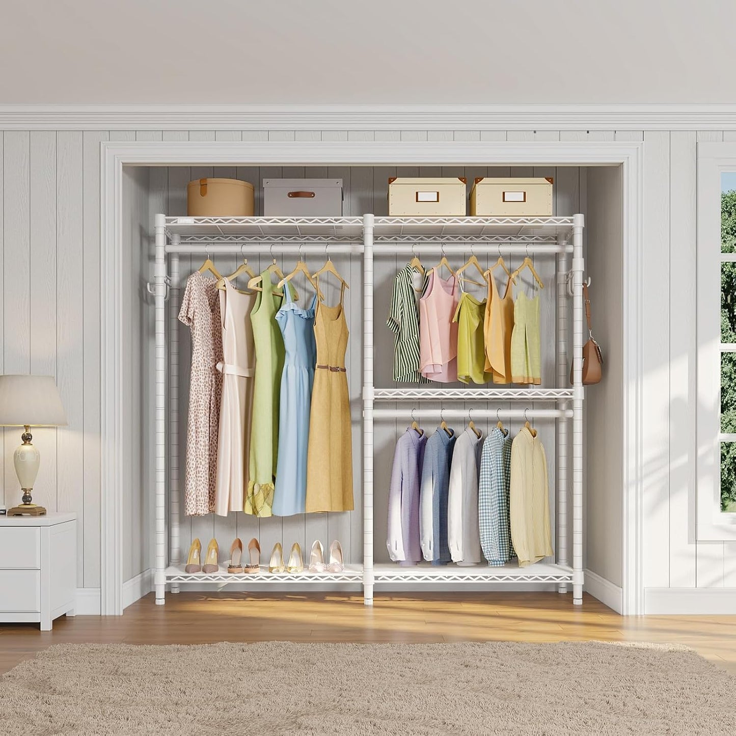VIPEK V4C Heavy Duty Adjustable Clothing Rack, White Metal Closet Rack with Grey Cover, 57.9" L x 17.3" W x 76.4" H, 3 Hanging Rods & Side Hooks, Portable Closet