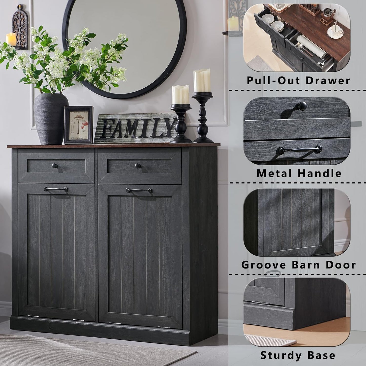 Double Tilt Out Trash Cabinet, 20 Gallon Farmhouse Laundry Hamper Cabinet with 2 Drawers, Hidden Wooden Trash Can Cabinets with Storage Basket for Kitchen, Living Room (Dark Grey)