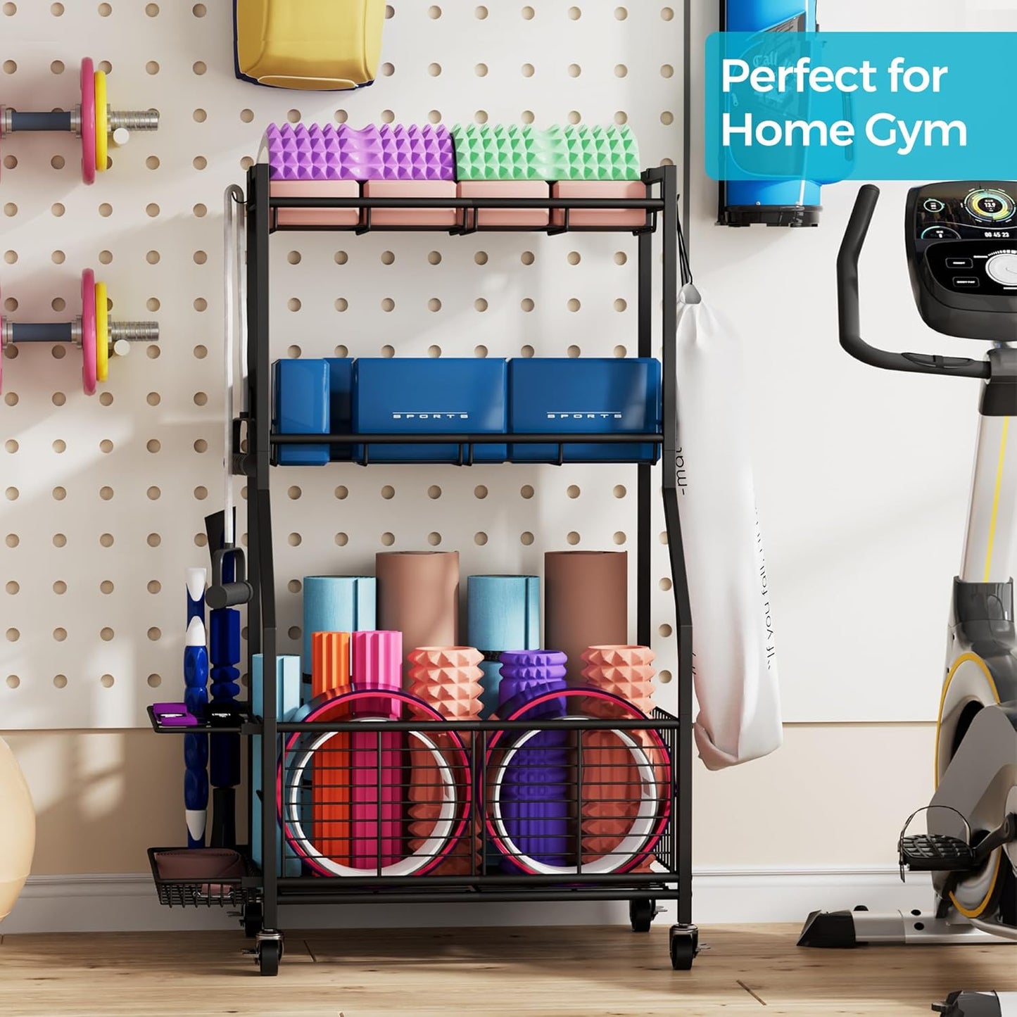 Sports Equipment & Toy Storage Rack with Wheels, 3-Tier Ball Organizer for Balls, Rackets & Sports Gear, Large Capacity with Racket Slots & Hooks, for Garage, Home Gym or Backyard – 23" W