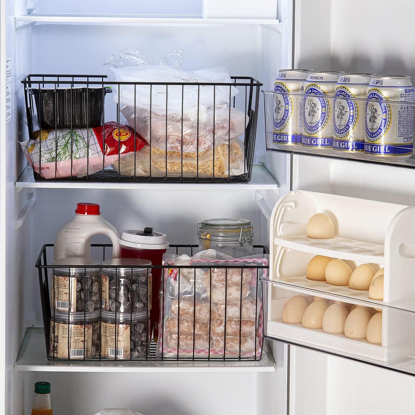 Upright Freezer Organizer Bins， Freezer Baskets for 16, 17, 21 cu.ft Standup Freezer, Wire Storage Baskets with Built-in Handles for Frozen Foods, Snacks, Vegetables, Fruits and More, Set of 6, Black