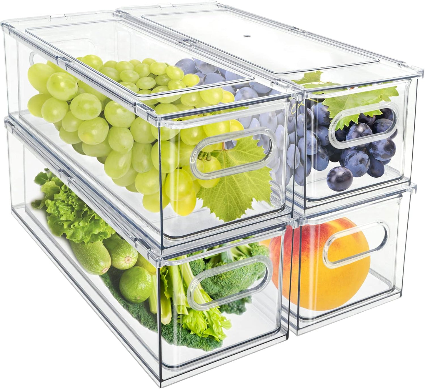 MANO Fridge Drawer Pull Out Stackable Bins with Handle Clear Refrigerator Drawers Organizer Food Storage Container Box Plastic Produce Saver for Pantry, Cabinet, Kitchen, Clothes（4Pack）