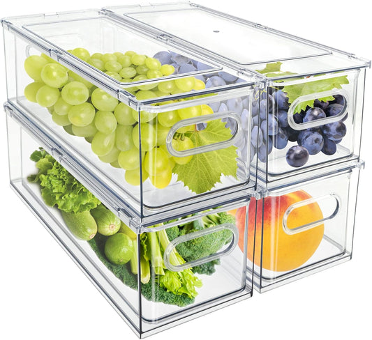 MANO Fridge Drawer Pull Out Stackable Bins with Handle Clear Refrigerator Drawers Organizer Food Storage Container Box Plastic Produce Saver for Pantry, Cabinet, Kitchen, Clothes（4Pack）