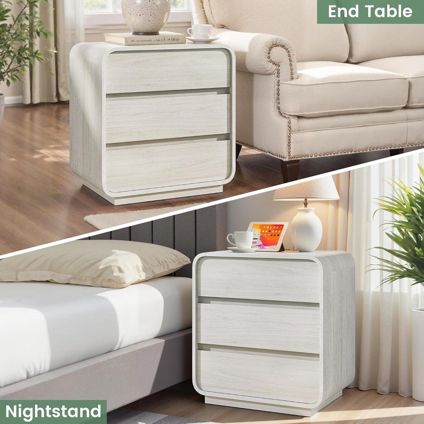 White Nightstand with Charging Station, 25" Tall Wood Bedside Table, Modern Curved End Table with 3 Storage Drawers Night Stand for Bedroom, Dorm, Sofa, Office