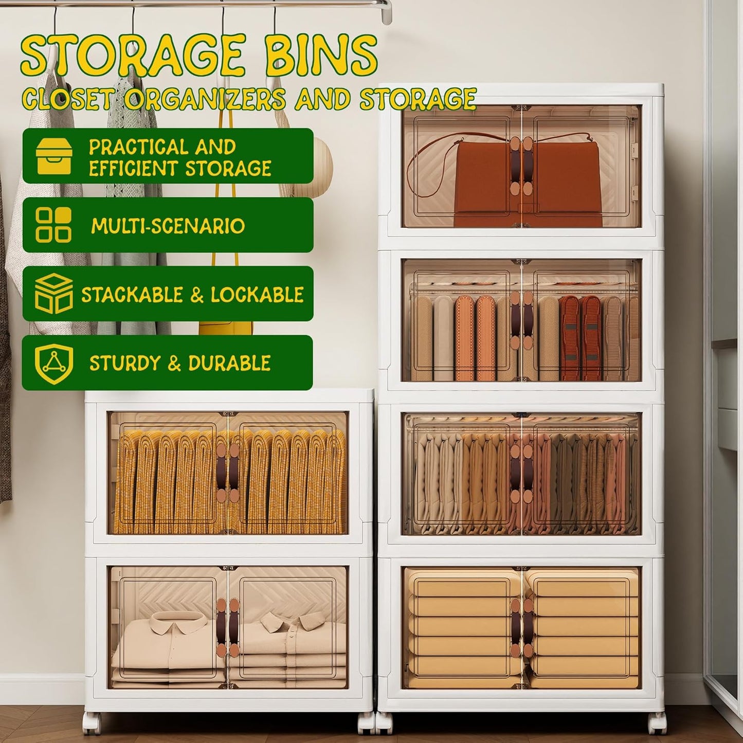 Storage Bins with 2 Lids and Wheels, Collapsible Bathroom Storage Cabinet with Clear Doors, Plastic Stackable Closet Organizers and Storage Containers White 597 QT