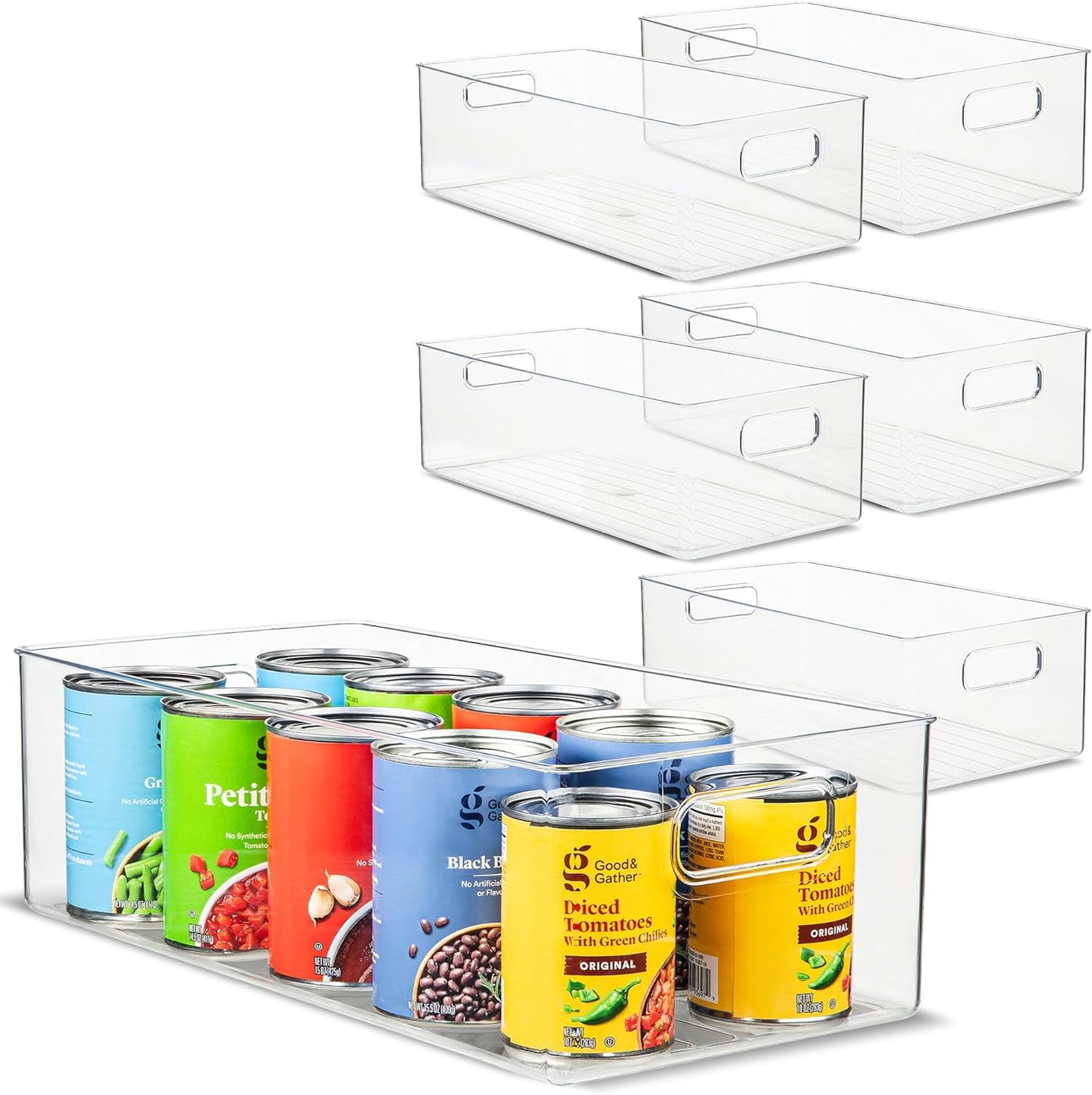 primebox Plastic Food Storage 6 Pack Clear Container Bin with Handles for Organizing Kitchen, Pantry, Refrigerator, Freezer, Pantry, Cabinet, Closet, Bathroom. 16”x8”x5”