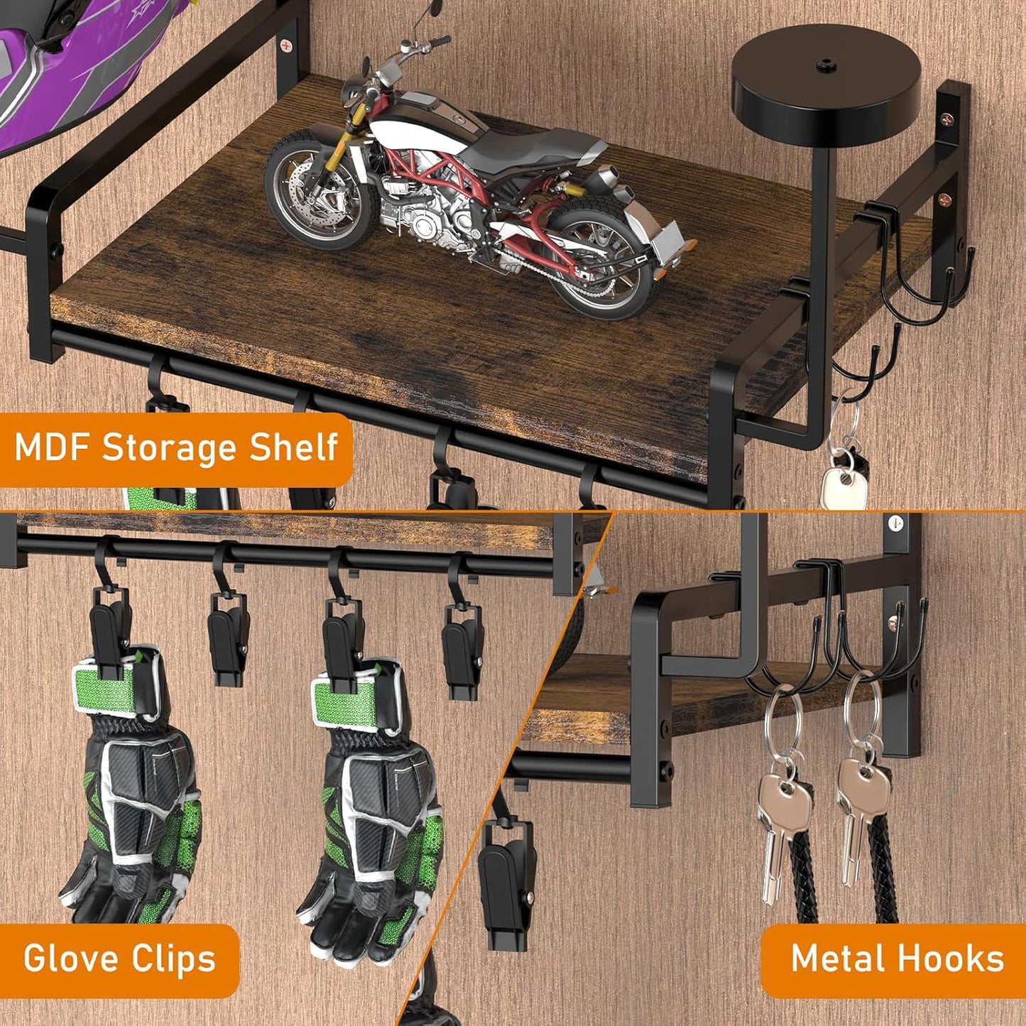 OYEAL Motorcycle Helmet Holder Wall Mount, Rustic Helmet Display Rack with Hooks, Storage Shelf, 4 Glove Clips for Motorcycle Gear Accessories Storage, Brown