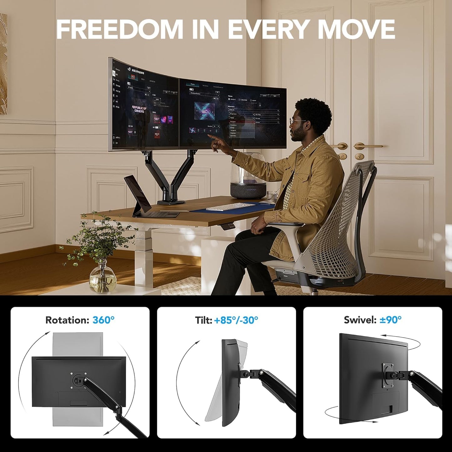 HUANUO NITROGLIDE™ Dual Monitor Stand for 13″–40″, Premium Dual Monitor Mount with USB, Height Adjustable Monitor Stand for 2 Monitors, VESA Mount with Clamp/Grommet Base, Holds 26.4lbs per Arm, HNDS7