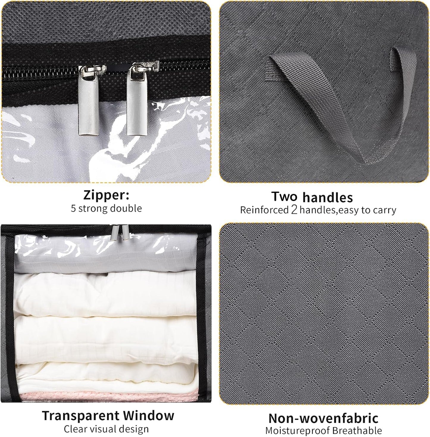 8 Pack Clothes Storage Bags with Zipper, 45L Foldable Blanket Storage Bag with Clear Window Sturdy Handles for Closet, Dorm, Pillows, Bedding, Sheet, Comforter, Gray