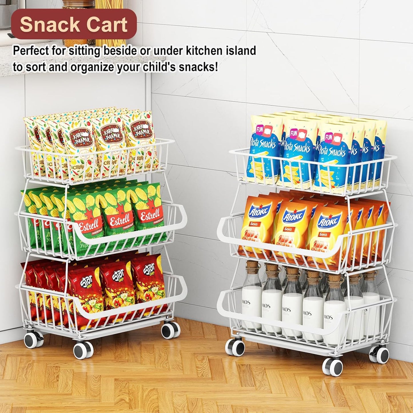 3-Tier Rolling Pantry Cart with Wheels, Stackable Wire Storage Floor Organizer for Kitchen Pantry Snack Shelves, Fruit Basket Stand, Vegetable Storage Rack for Food Snacks Onion Potato, White