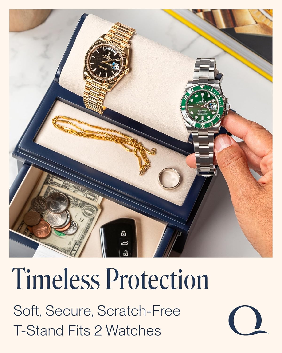 QWATCH Watch Stand Display Case - Acrylic Watch Box for 2 or 4 Watches with Jewelry Valet Tray and Drawer