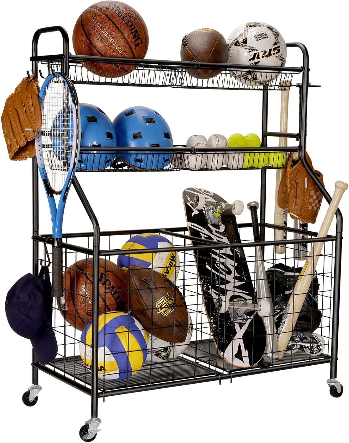 Kinghouse Garage Sports Equipment Organizer, Ball Storage Rack, Toy Storage, Nerf Gun Organization on Wheels for School, Garage, Black, Steel (Black)