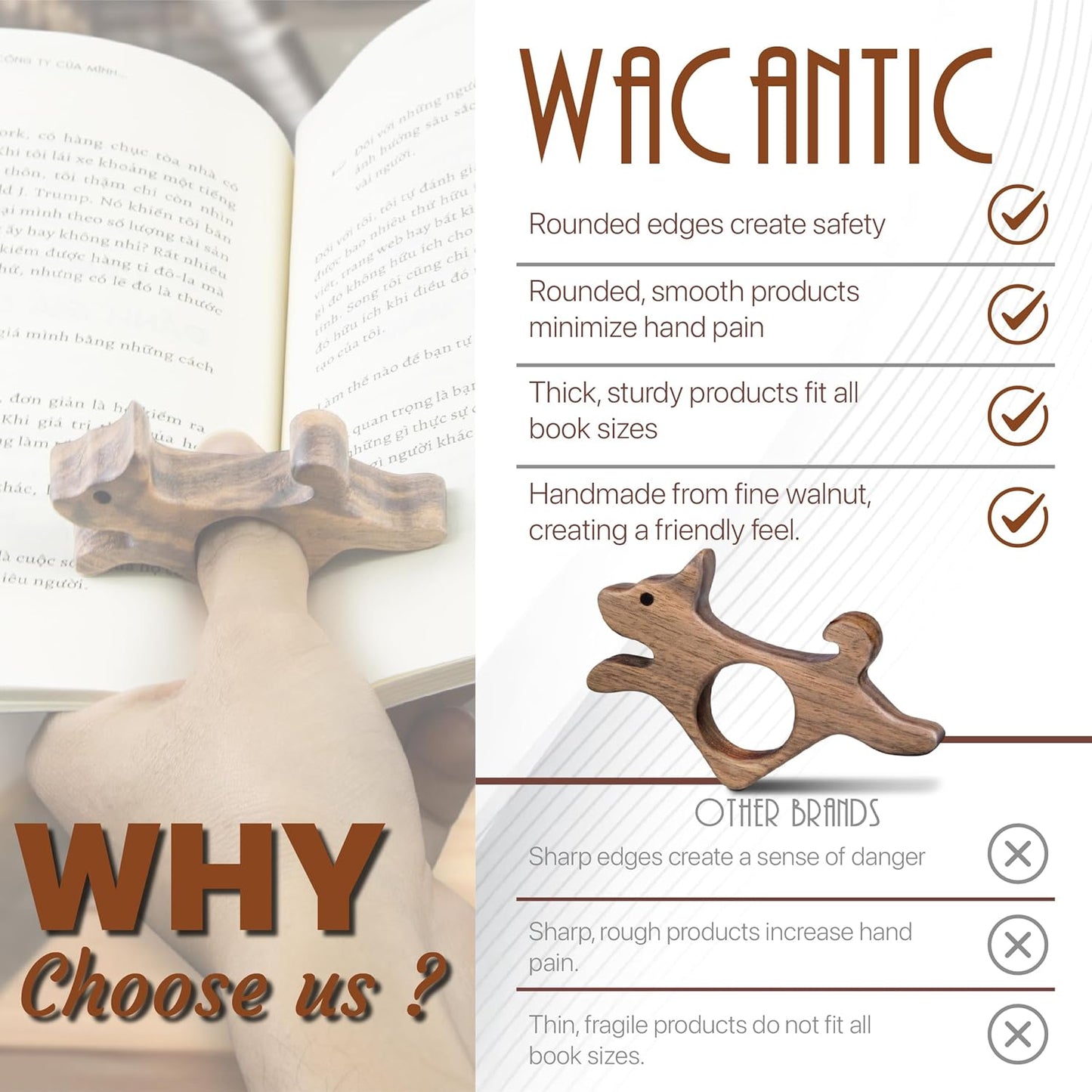 Walnut Dog Book Page Holder - Smooth Finish Wood Holder for Readers, Book Lovers & Literary Gifts