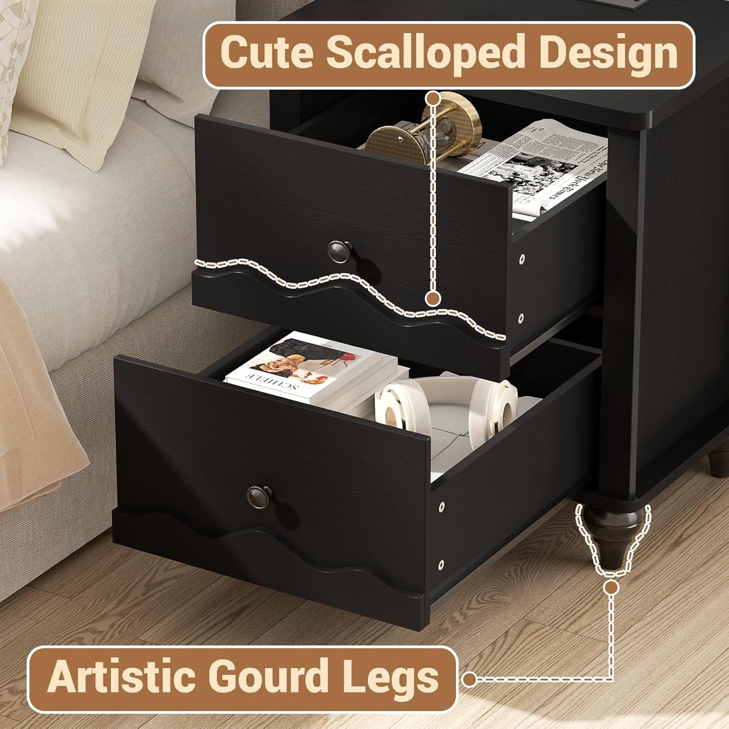 Cyclysio Nightstand with Charging Station, Side End Table with 2 Drawers, Modern Wood Night Stand with Scalloped Pattern for Bedroom, Bedside Night Tables with Solid Wood Gourd Legs