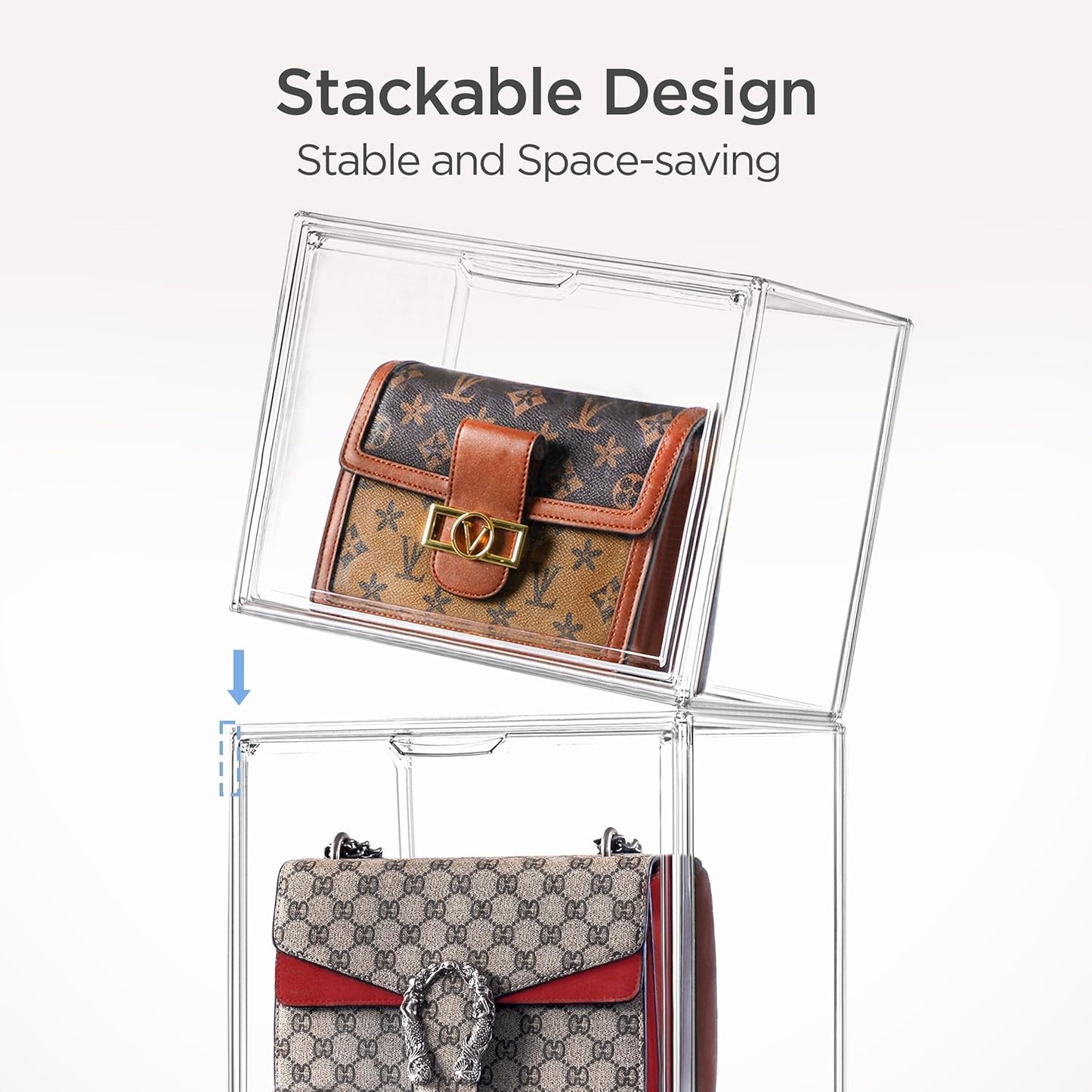 HBlife 7 Pack Purse Storage Organizer for Closet, Large Clear Stackable Handbag Display Case Box with Magnetic Door for Collectibles, Cosmetics, Women Heels and Toys