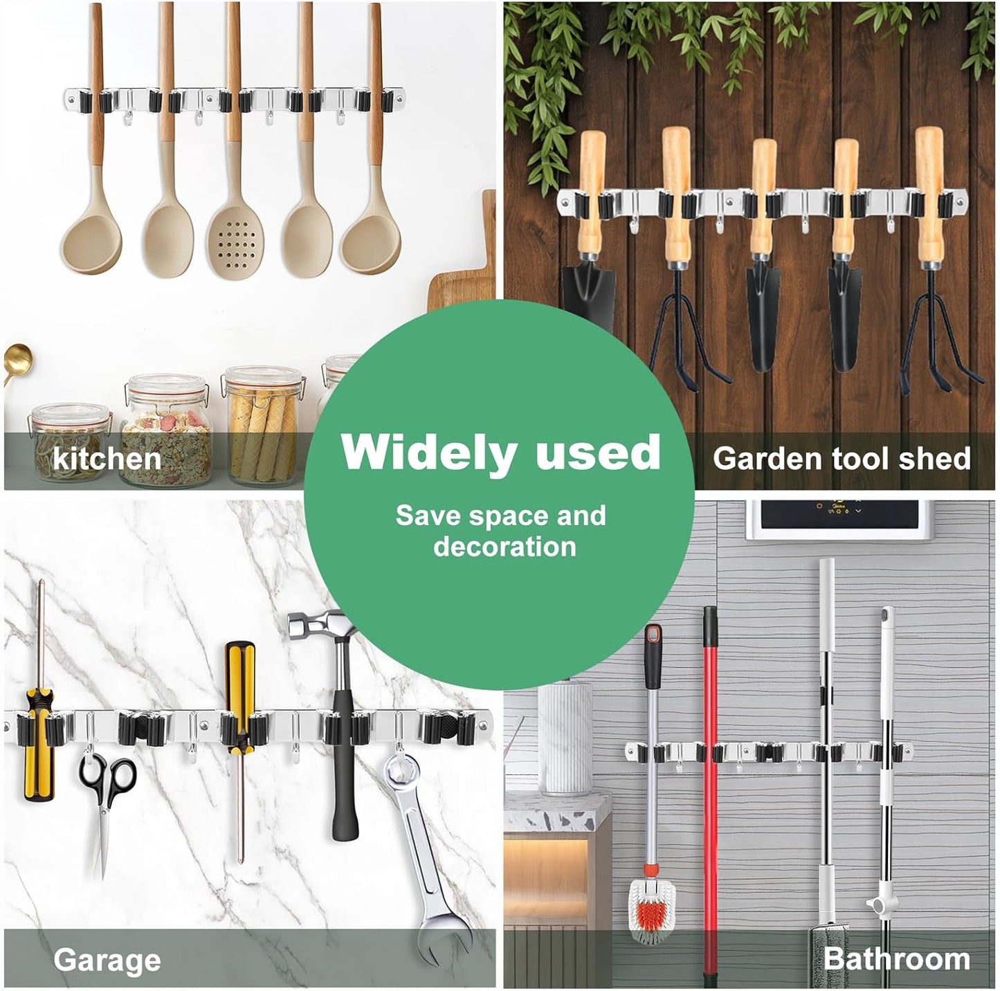 3 Pack Broom Holder Wall Mount 5 Racks 4 Hooks Stainless Steel Broom Mop Holder Anti Slip Storage Rack Strong Load Bearing Waterproof Broom and Mop Organizer Wall Hanging for Bathroom Kitchen Garage