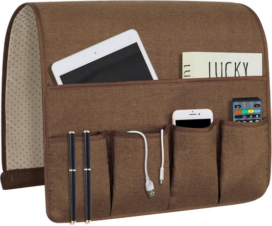NB Sofa Armrest Organize remote holder bedside caddy organizer with 5 pockets，non-slip couch remote control holder couch armchair caddy accessories (Flaxen, 35''x18'')