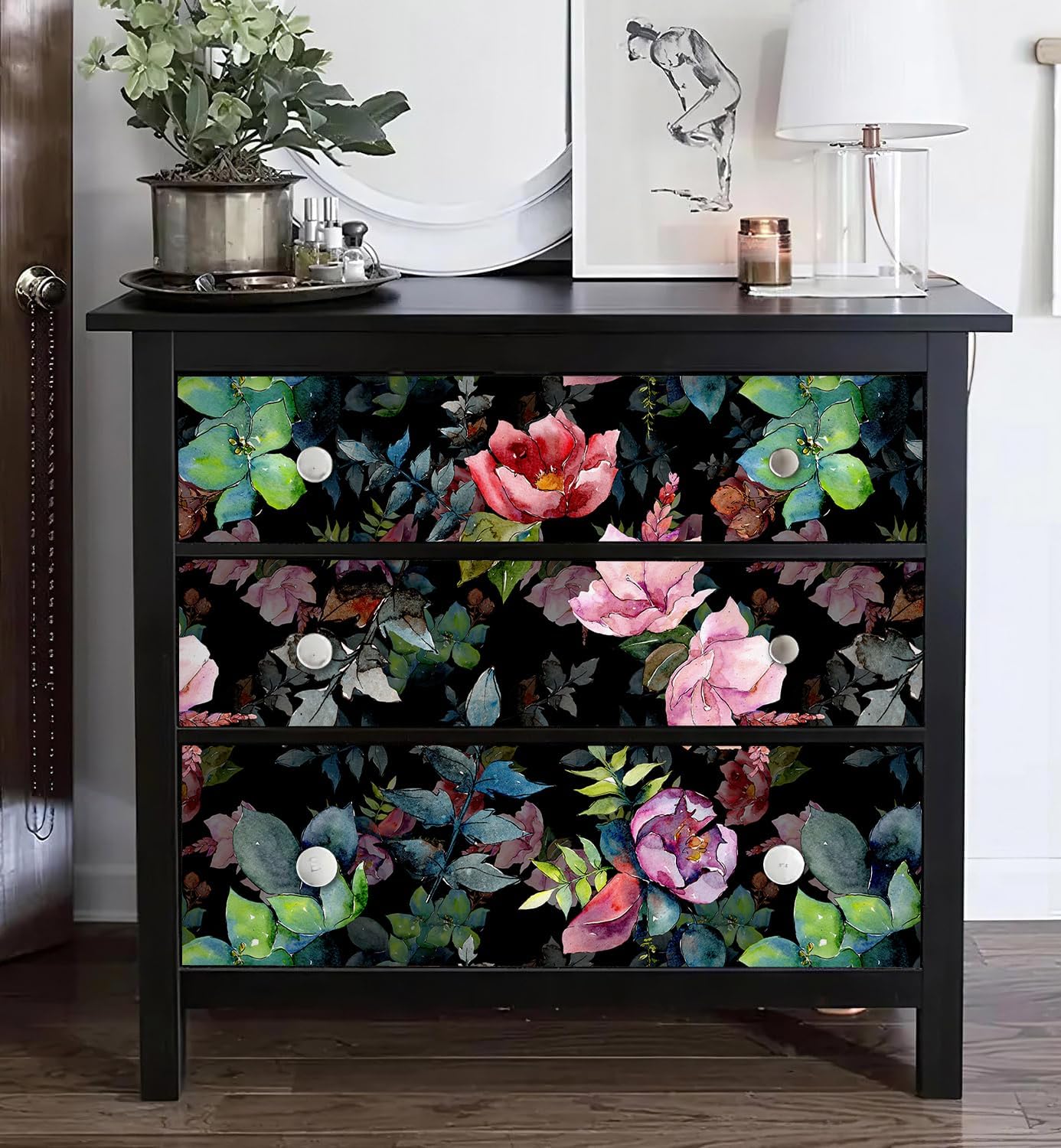 HAOKHOME Floral Shelf Liner and Cabinet Liner, Self-Adhesive Drawer Liners, Peel and Stick Contact Paper Liner Kitchen Cabinets and Cupboard, Bathroom Drawers,Black/Green/Pink 17.3in x 6.5ft