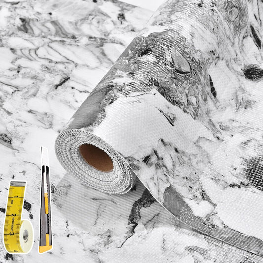 Drawer and Shelf Liner for Kitchen Cabinet: 12 in X 20 Ft Non Slip Waterproof Shelf Paper Non Adhesive Refrigerator Liners Grey and White Marble Easy Liners for Bathroom with Knife Tape Measure